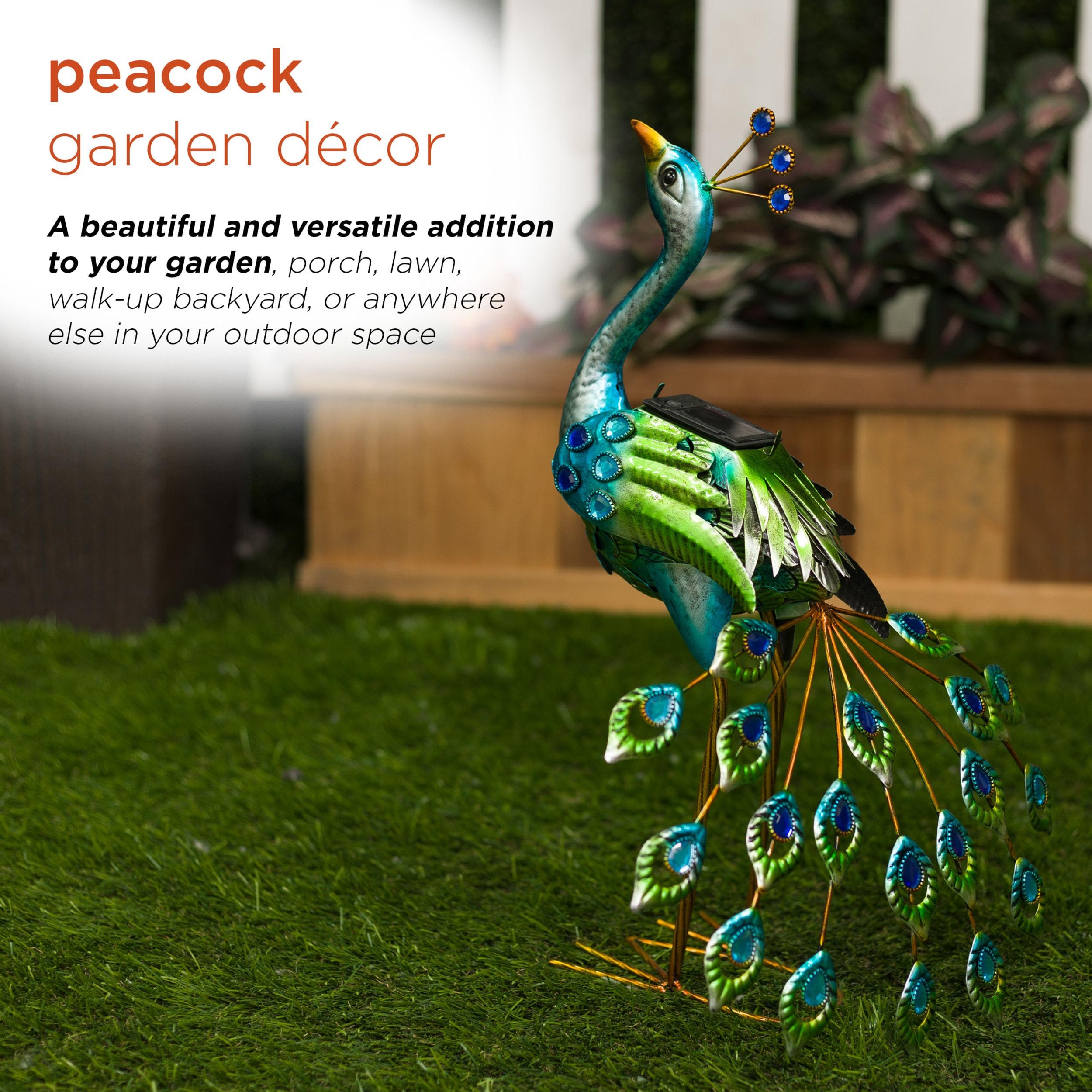 Alpine Corporation LED Solar Garden Peacock: Iron Sculpture, Outdoor Decor, 20" Height