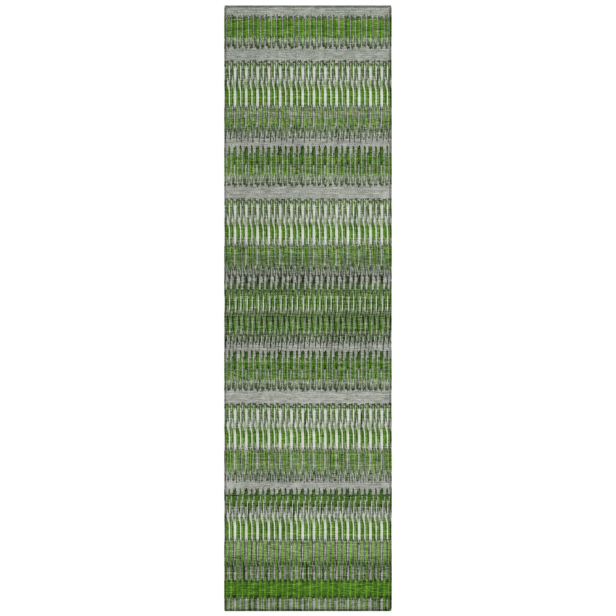 Green and Gray Flat Woven Stripe Synthetic Runner Rug