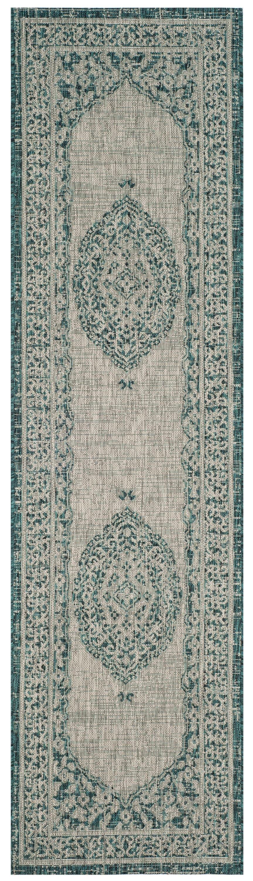 SAFAVIEH Courtyard Avi Traditional Indoor/Outdoor Runner, 2'3" x 8', Light Grey/Teal