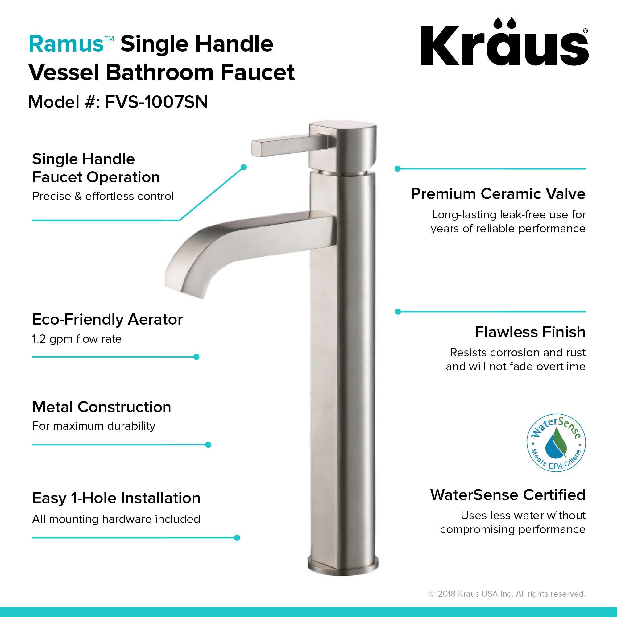 Kraus FVS-1007-PU-10SN Kraus Ramus Vessel Mixer Single-Handle Bathroom Faucet with Matching Pop-Up Drain