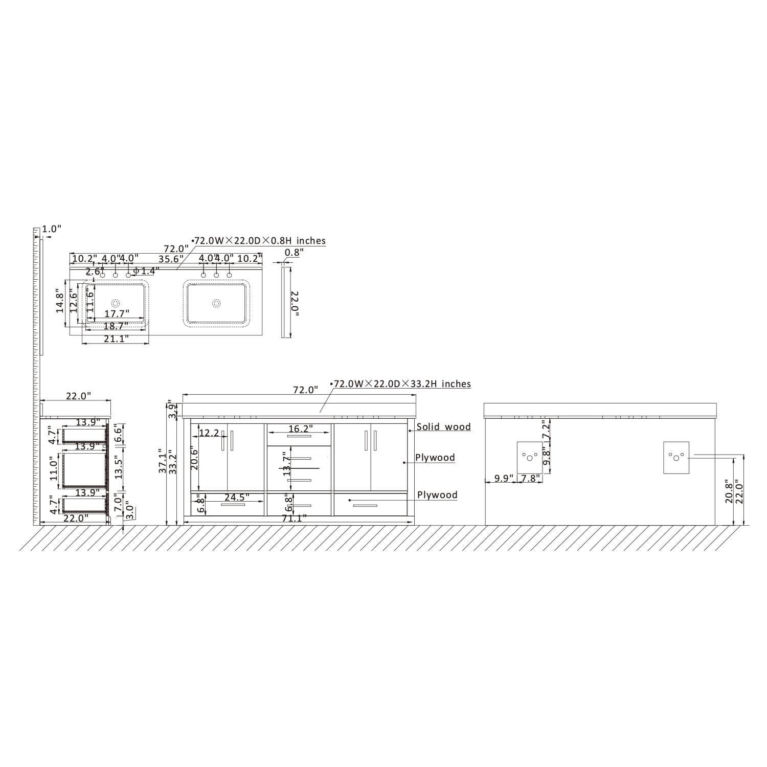 Monna 72" Double Bathroom Vanity Set in White with Concrete Grey Composite Stone Countertop without Mirror