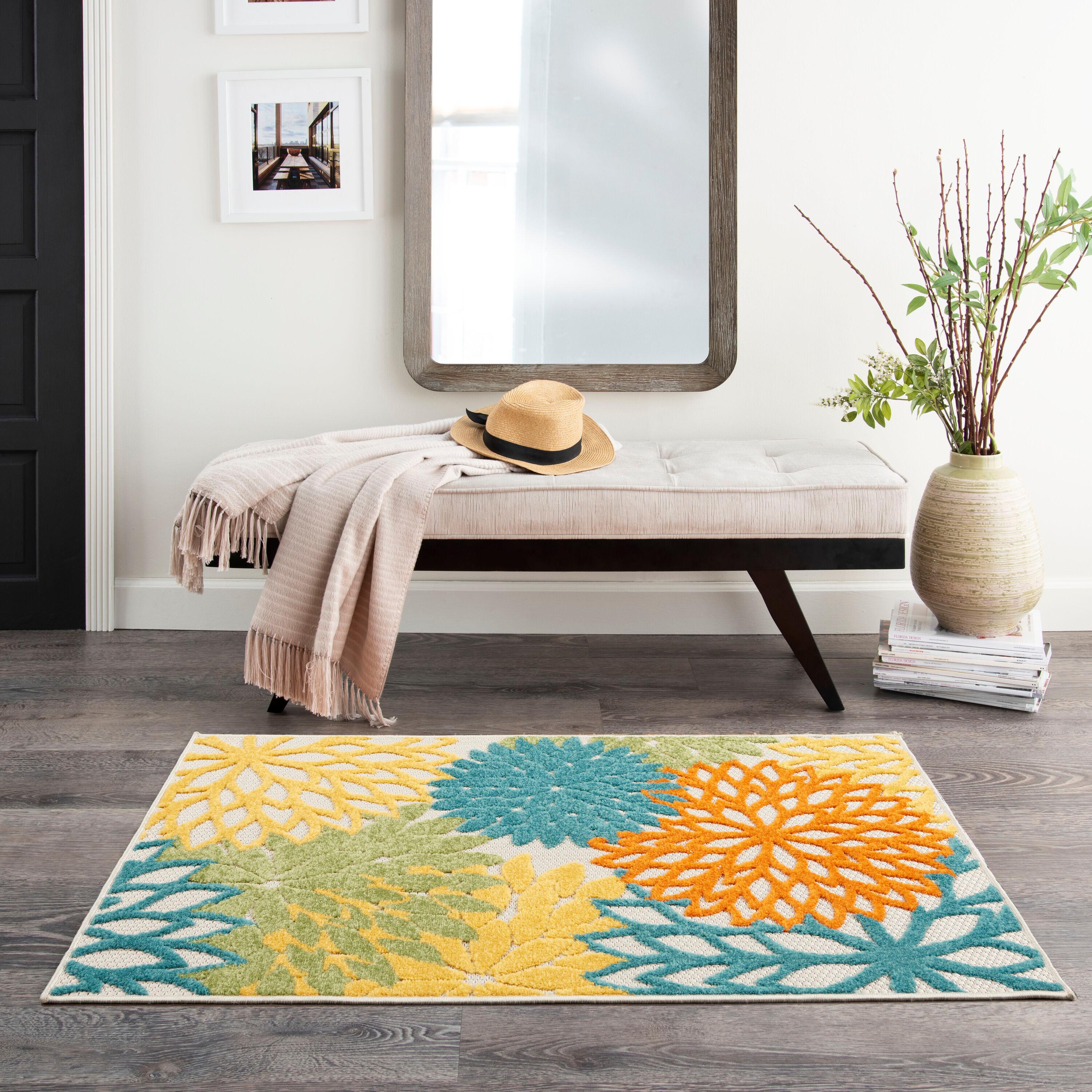 Nourison Aloha Floral Bloom Flatweave High-Low Indoor Outdoor Area Rug Turquoise Multicolor 2'8" x 4'