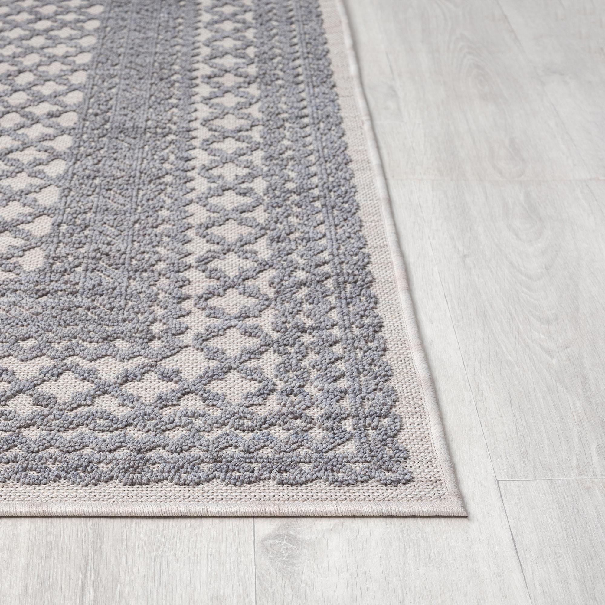 LR Home Gayle 7'10" x 8'10" Gray/Ivory Bordered Performance Indoor/Outdoor Area Rug