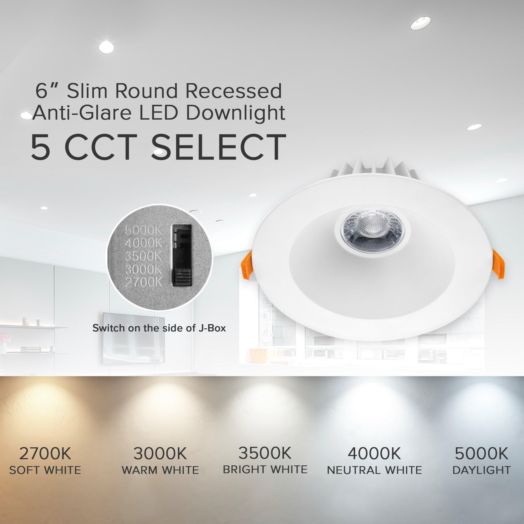 Maxxima 6 in. Ultra-Thin Recessed Anti-Glare LED Downlight, Canless IC Rated, 1300 Lumens, 5 Color Temperature Selectable 2700K/3000K/3500K/4000K/5000K, Dimmable, 90 CRI, 5 CCT Slim, J-Box Included