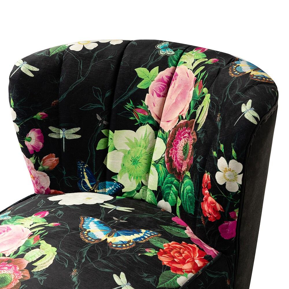 Floral Accent Chair Upholstered Wingback Sofa Tufted Back Golden Legs Flower Butterfly  Dining Home Living Room Bedroom Black