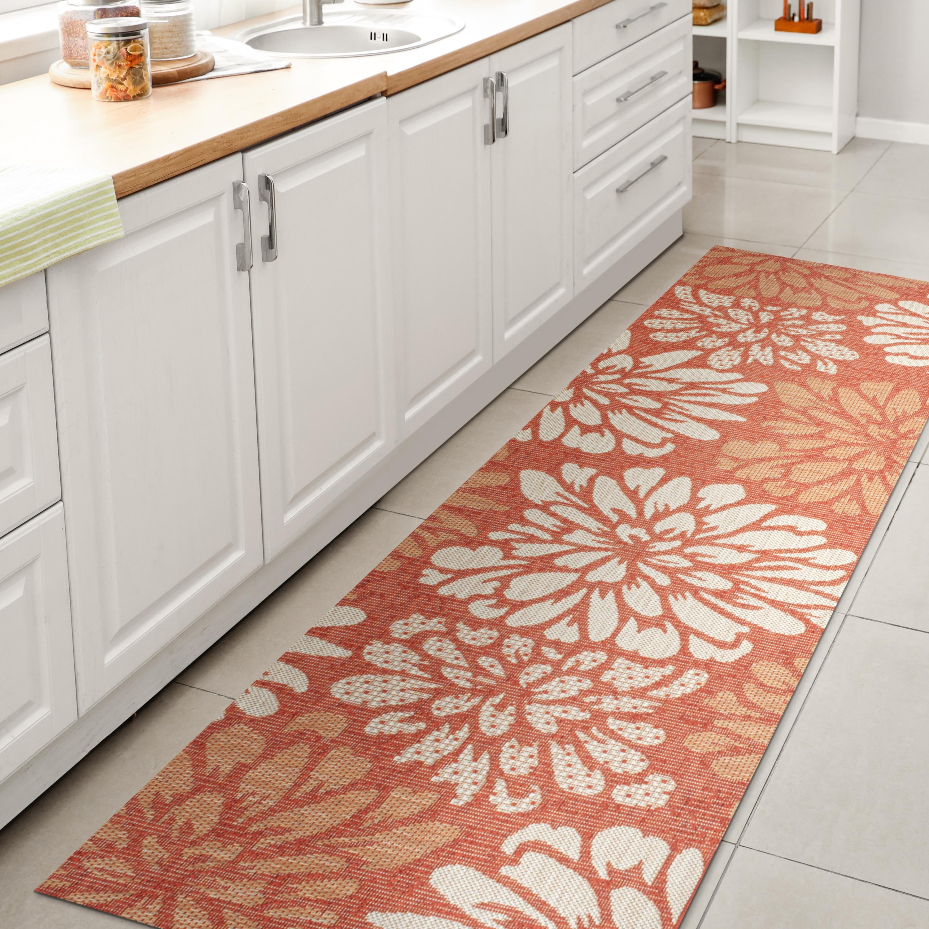 2' x 10' Zinnia Modern Floral Textured Weave Indoor/Outdoor Runner Rug, Orange/Cream - JONATHAN Y