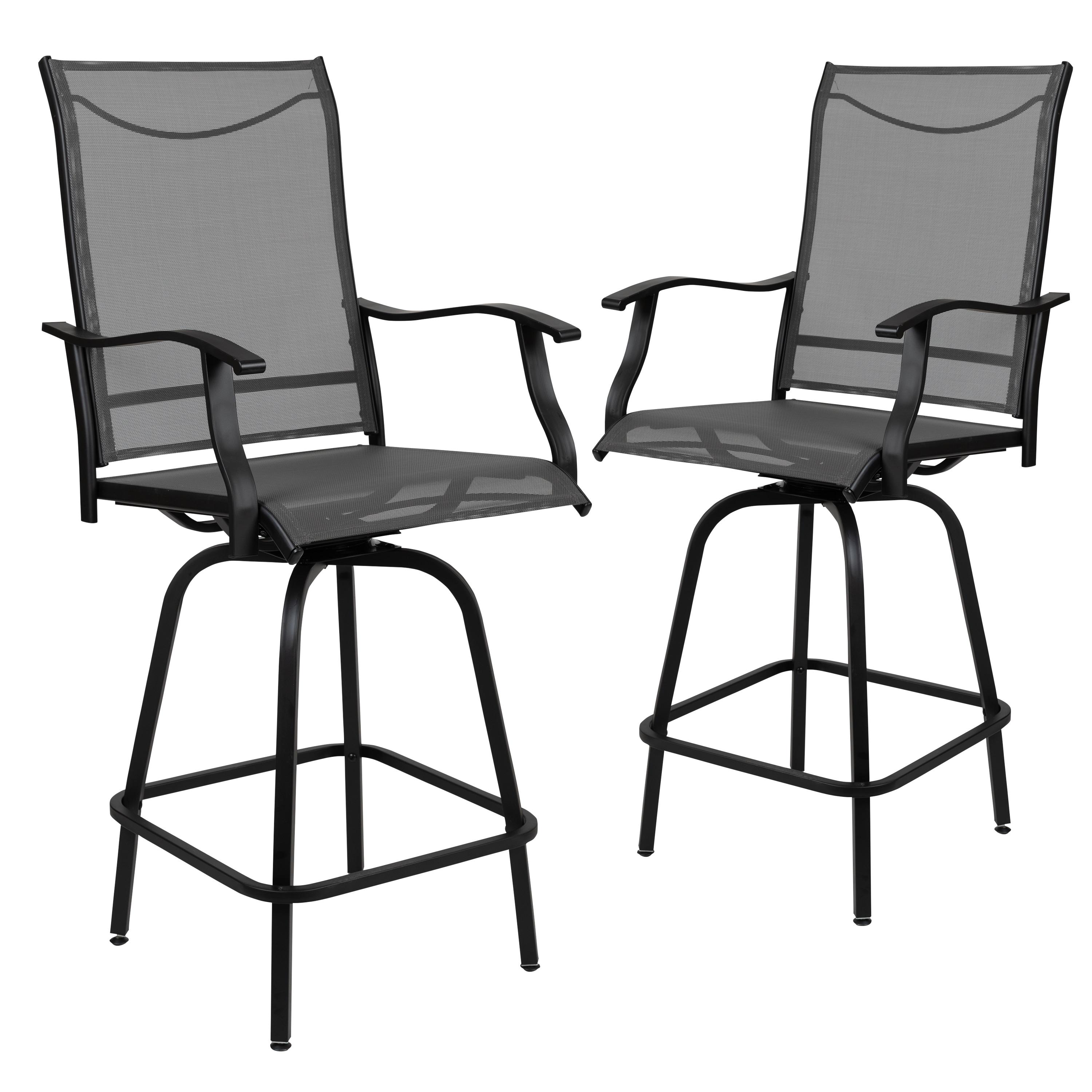 Flash Furniture Patio Bar Height Stools Set of 2, All-Weather Textilene Swivel Patio Stools and Deck Chairs with High Back & Armrests in Gray