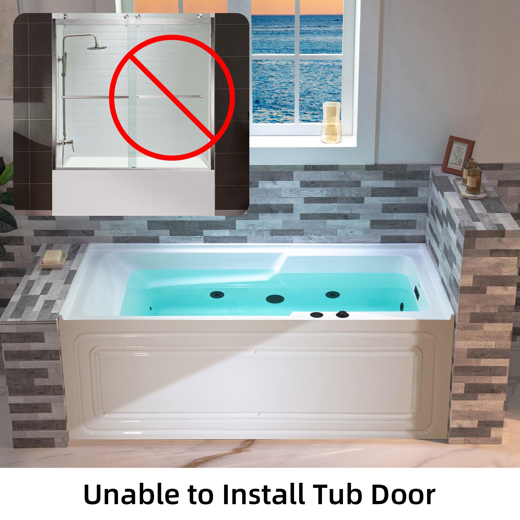 60" x 30" Whirlpool Heated Rectangular Alcove Acrylic Bathtub with Chrome/Matte Black Drain and Overflow