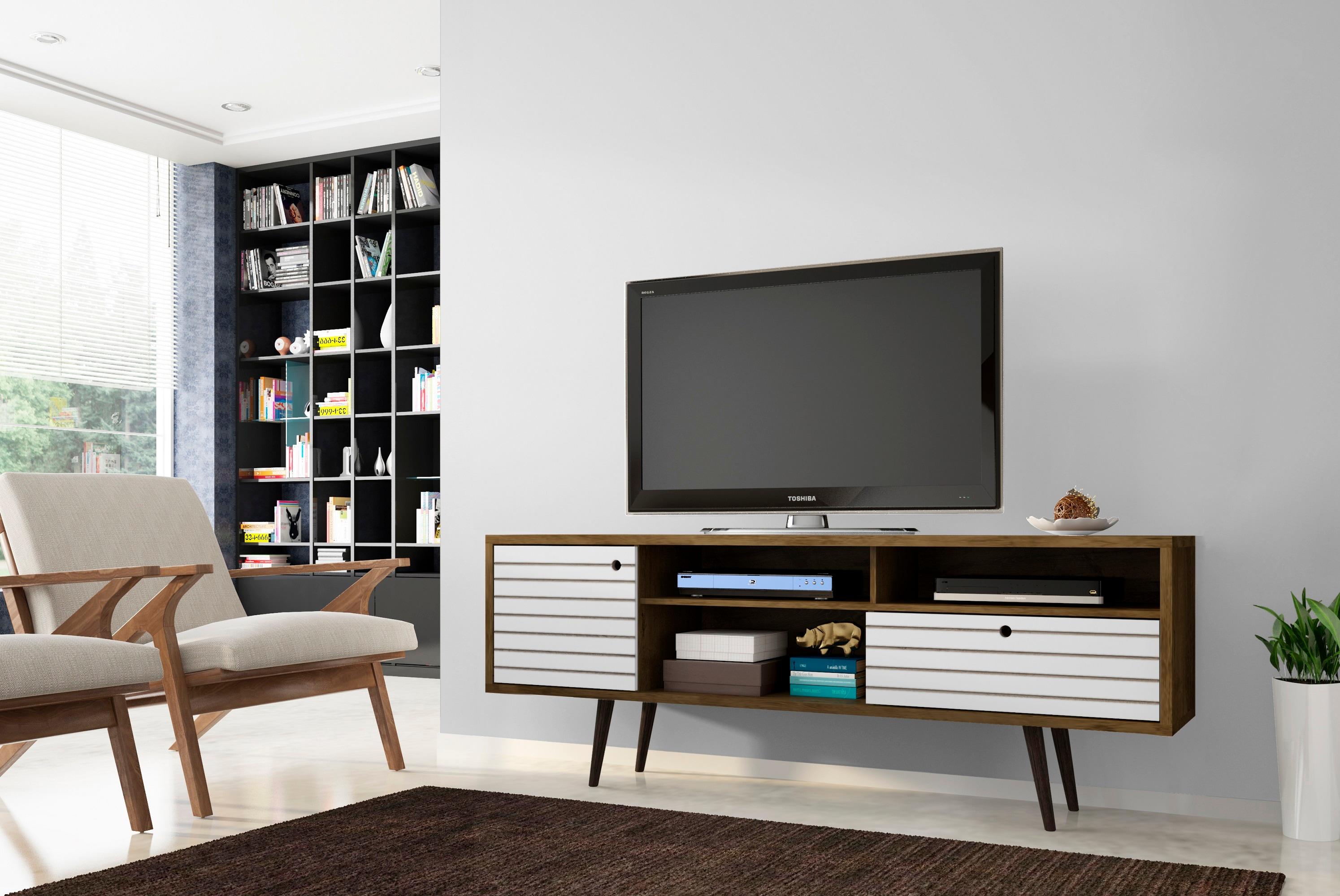 Liberty 70.86" Mid-Century Modern TV Stand with 4 Shelving Spaces and 1 Drawer  with Solid Wood Legs