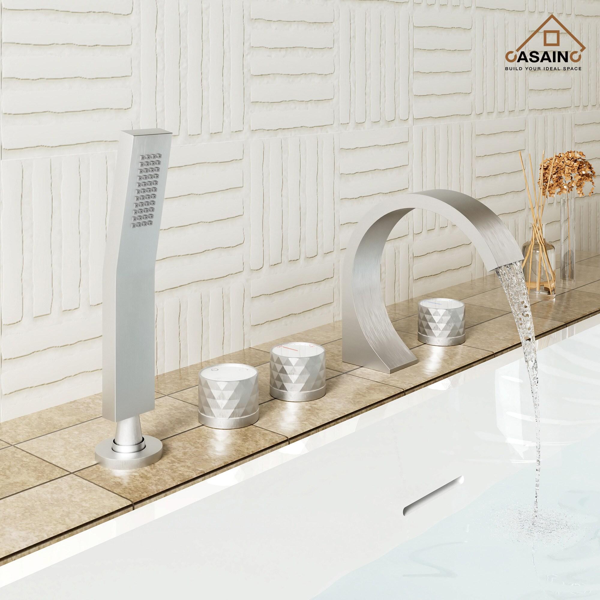 3 Handles Deck Mounted Bathroom Tub Faucet Trim with Handshower