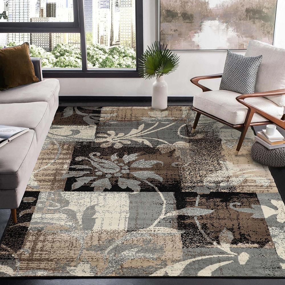 Superior Indoor Area Rug, Jute Backed, Perfect for Office, Living/Dining Room, Bedroom, Kitchen, Hallway, Entryway, Floor, Modern Floral Patchwork Decor, Pastiche Collection, 4' x 6', Beige