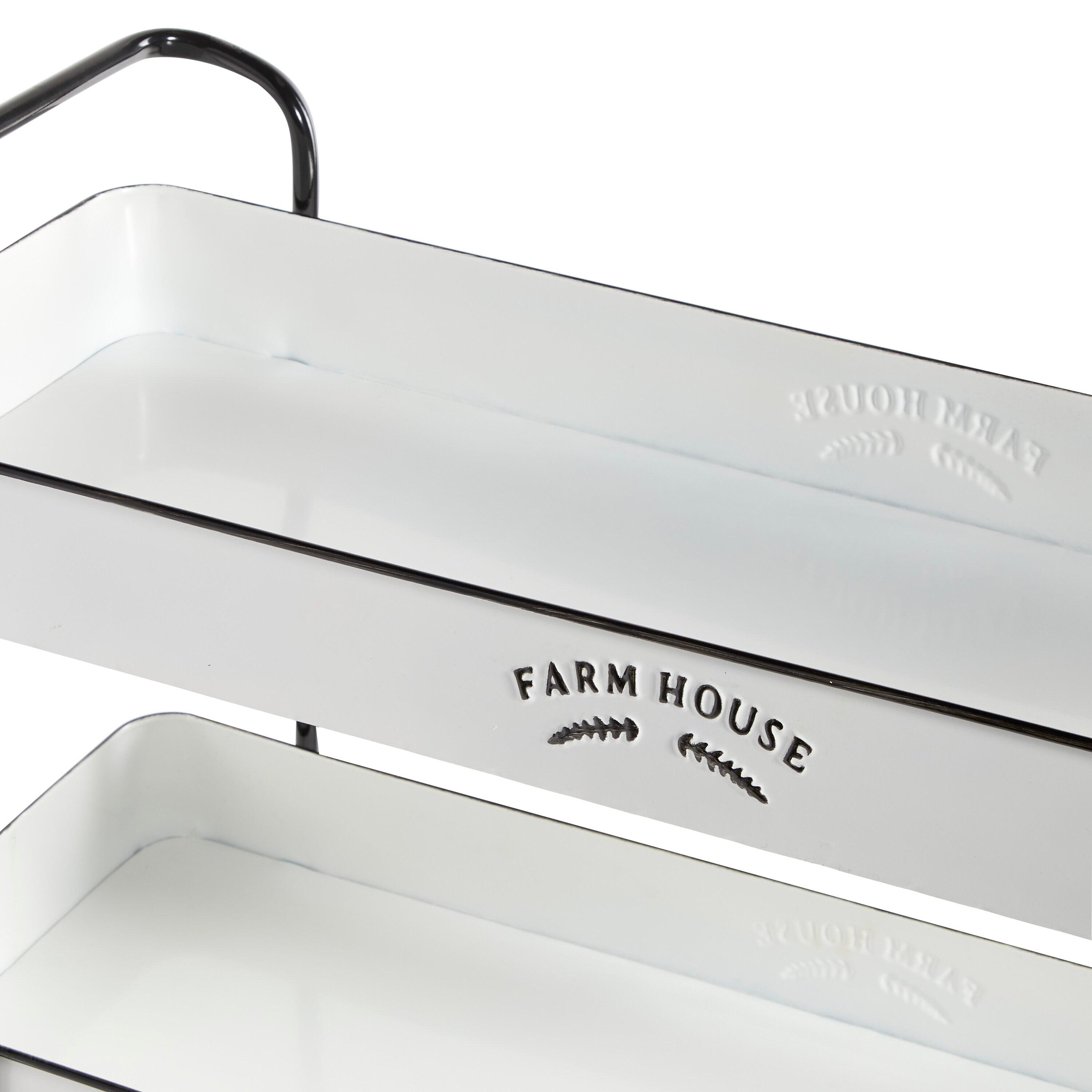 DecMode 32" x 35" White Metal Kitchen Rolling 3 Shelves Bar Cart with Black Accents and Farm House Design, 1-Piece