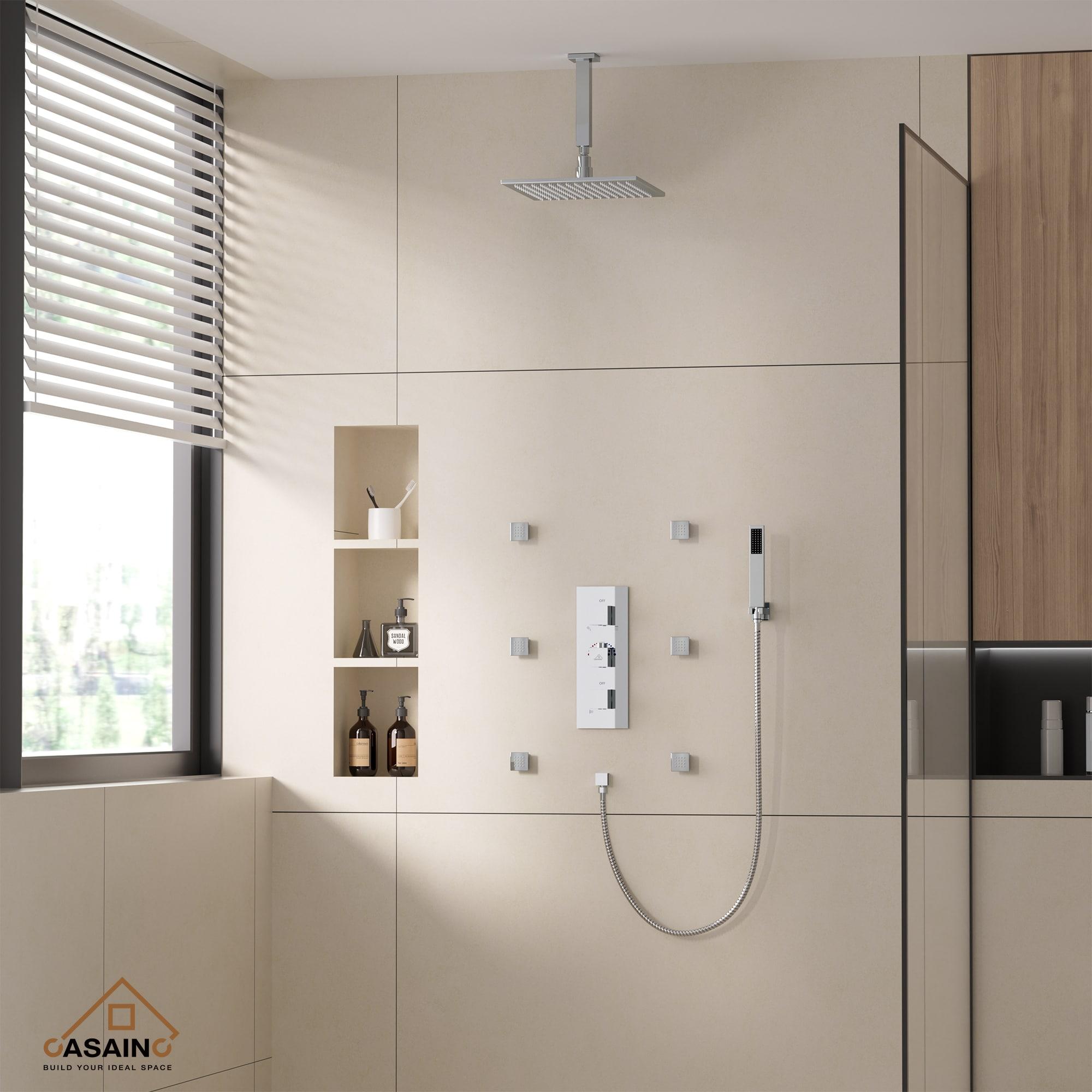 3-Function Luxury Ceiling Mount 12 Inch LED Thermostatic Shower System with 6 Body Jets