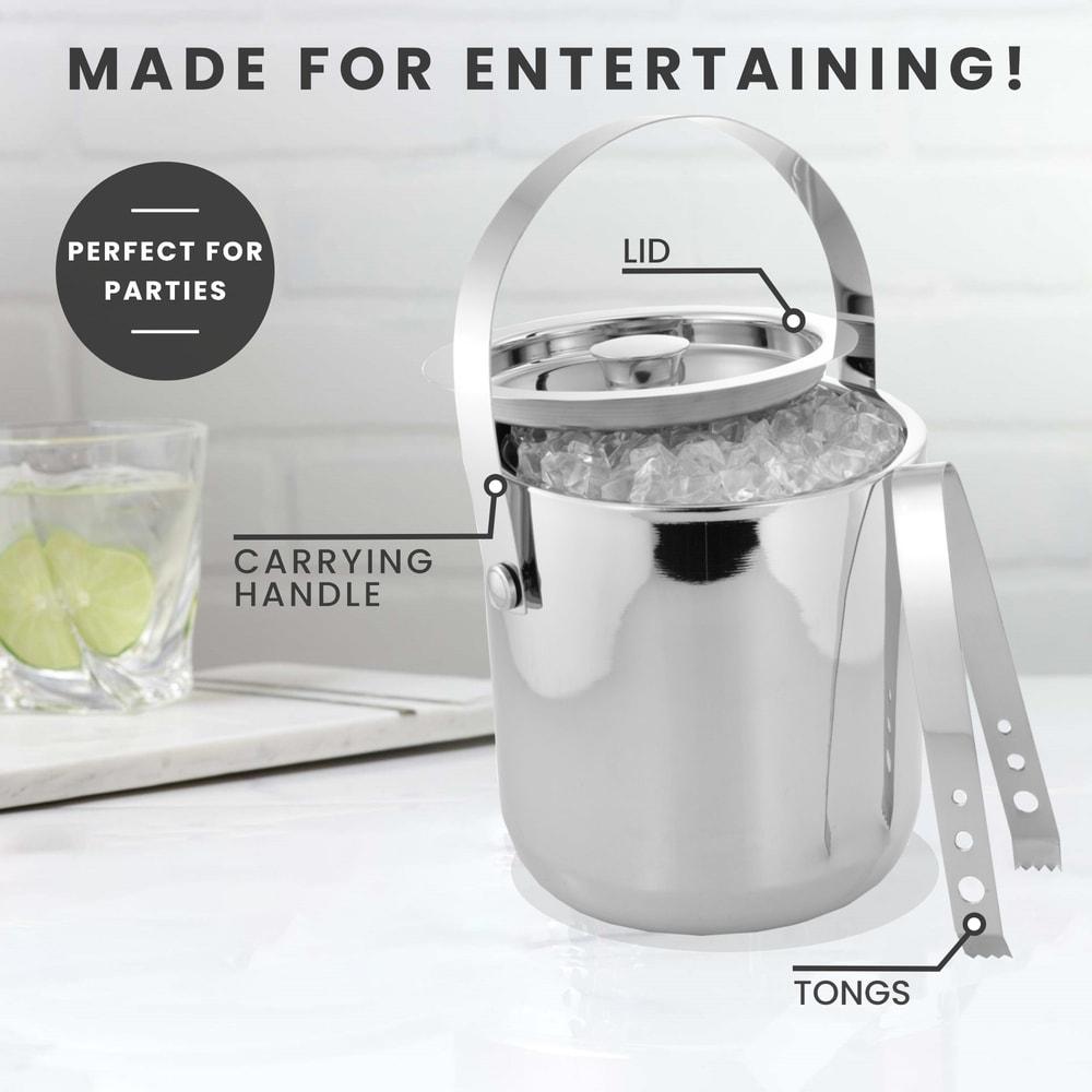 Sol Living 3 Qt. Double Wall Stainless Steel Ice Bucket Includes Tongs and Lid - Plain & Shiny