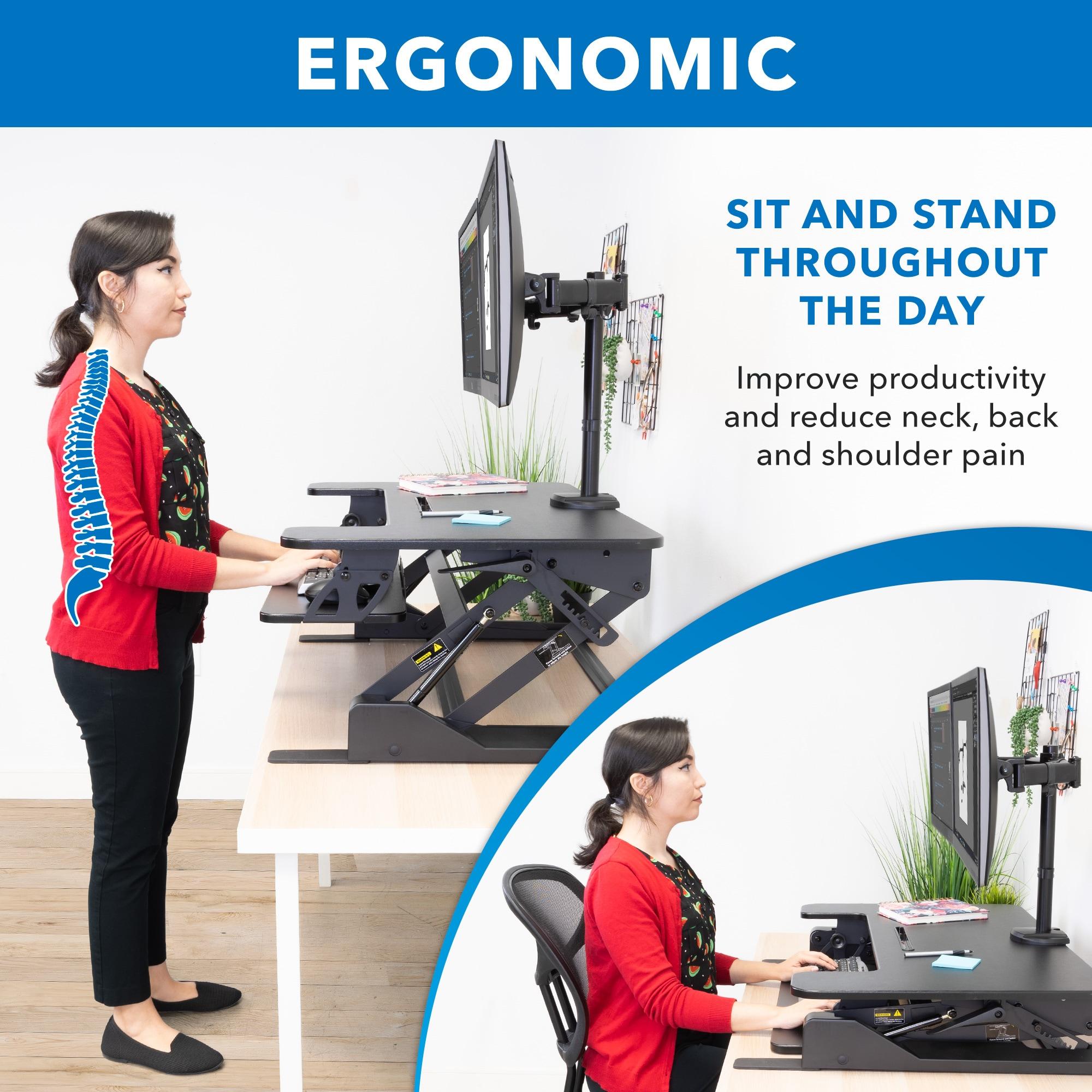 Mount-It! Height Adjustable Standing Desk Converter with Bonus Dual Monitor Mount Included - Wide 36 Inch Sit Stand Workstation with Gas Spring Lift