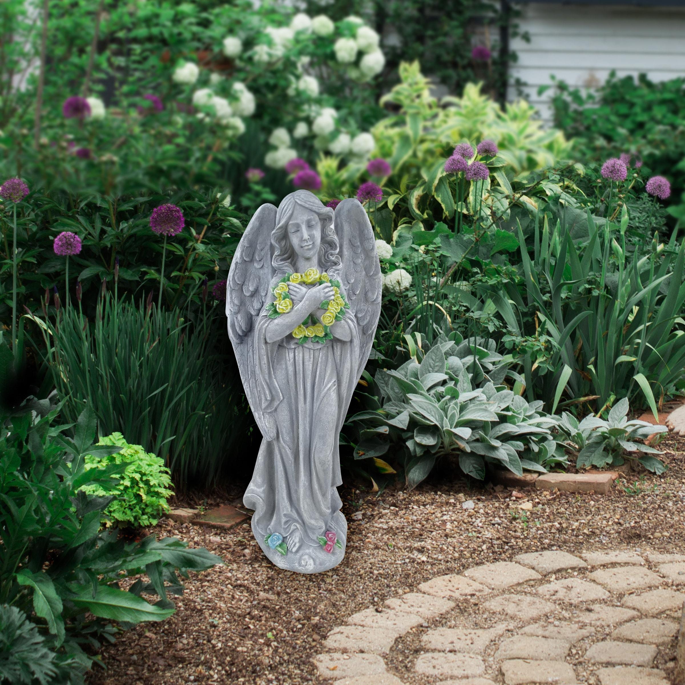 Alpine Corporation 29"H Angel with Yellow Flower Wreath Garden Statue