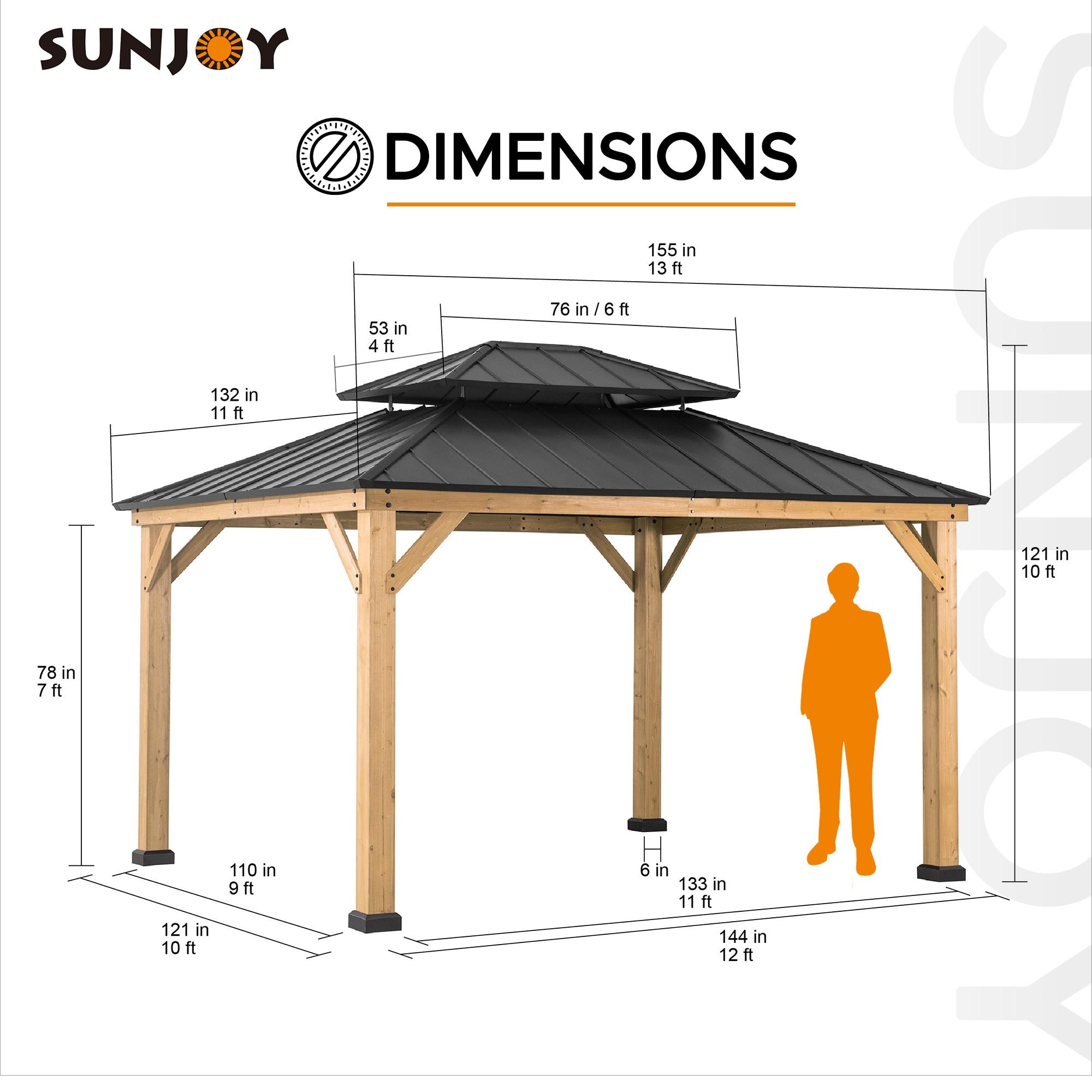 Sunjoy Wood Gazebo Cedar Framed Gaezbos with Black Double Steel Hardtop Roof for Garden,