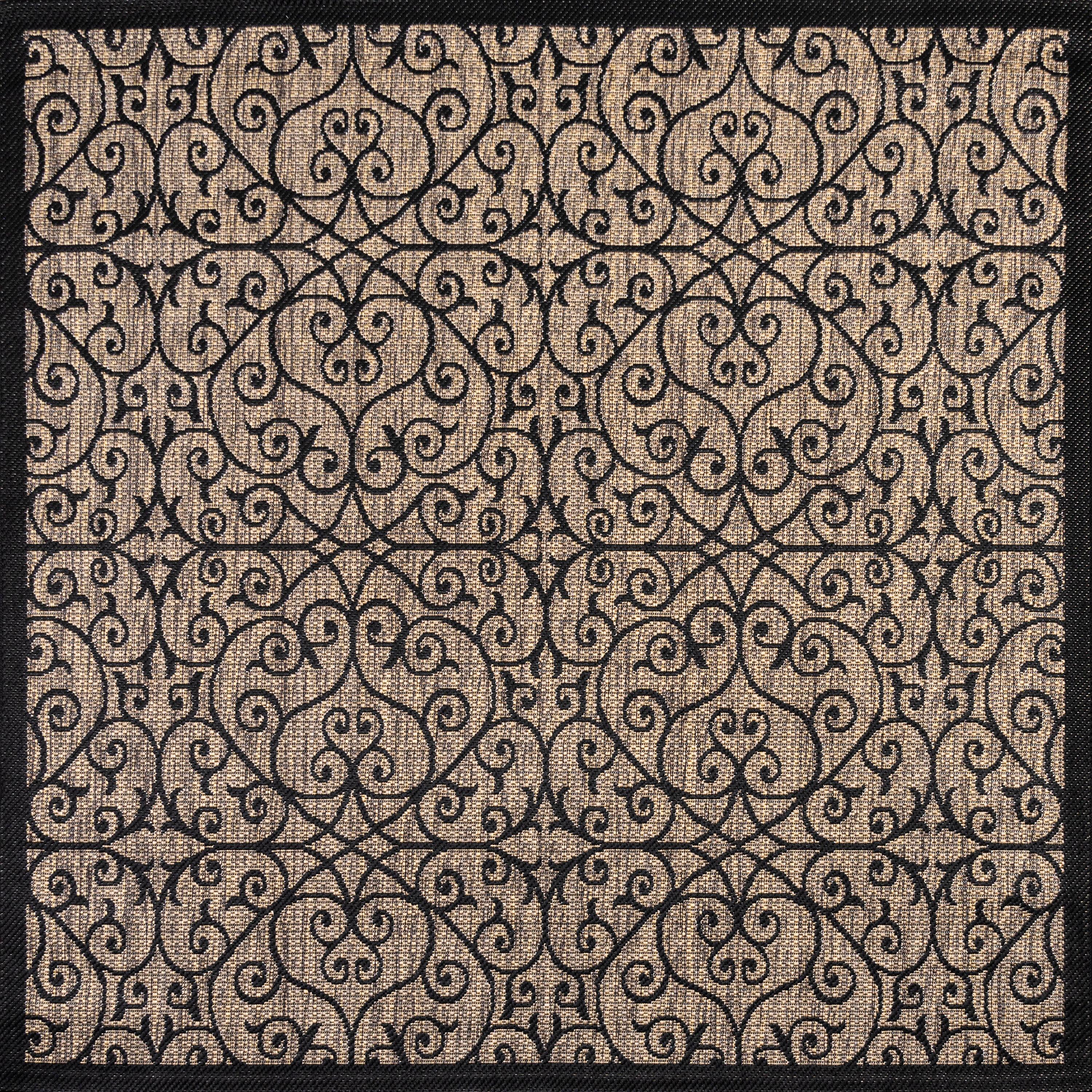 6' Square Madrid Vintage Filigree Textured Weave Indoor/Outdoor Area Rug, Black/Khaki - JONATHAN Y