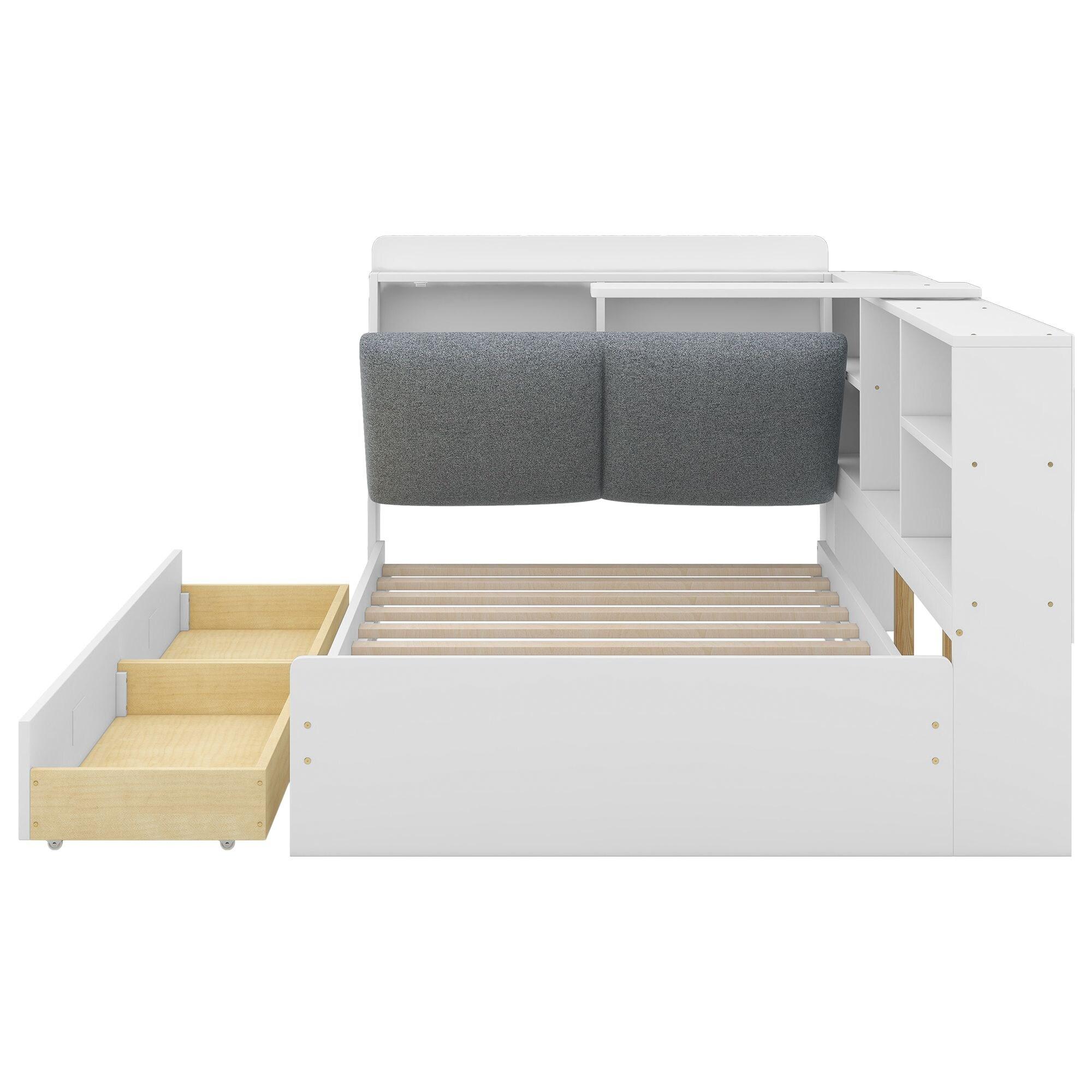 Bellemave Twin Size Platform Bed with Storage Drawers, Solid Wood Daybed with Storage Headboard and Bookcase, Sofa Bed Frame Upholstered Headboard for Kids Boys Girls（White)