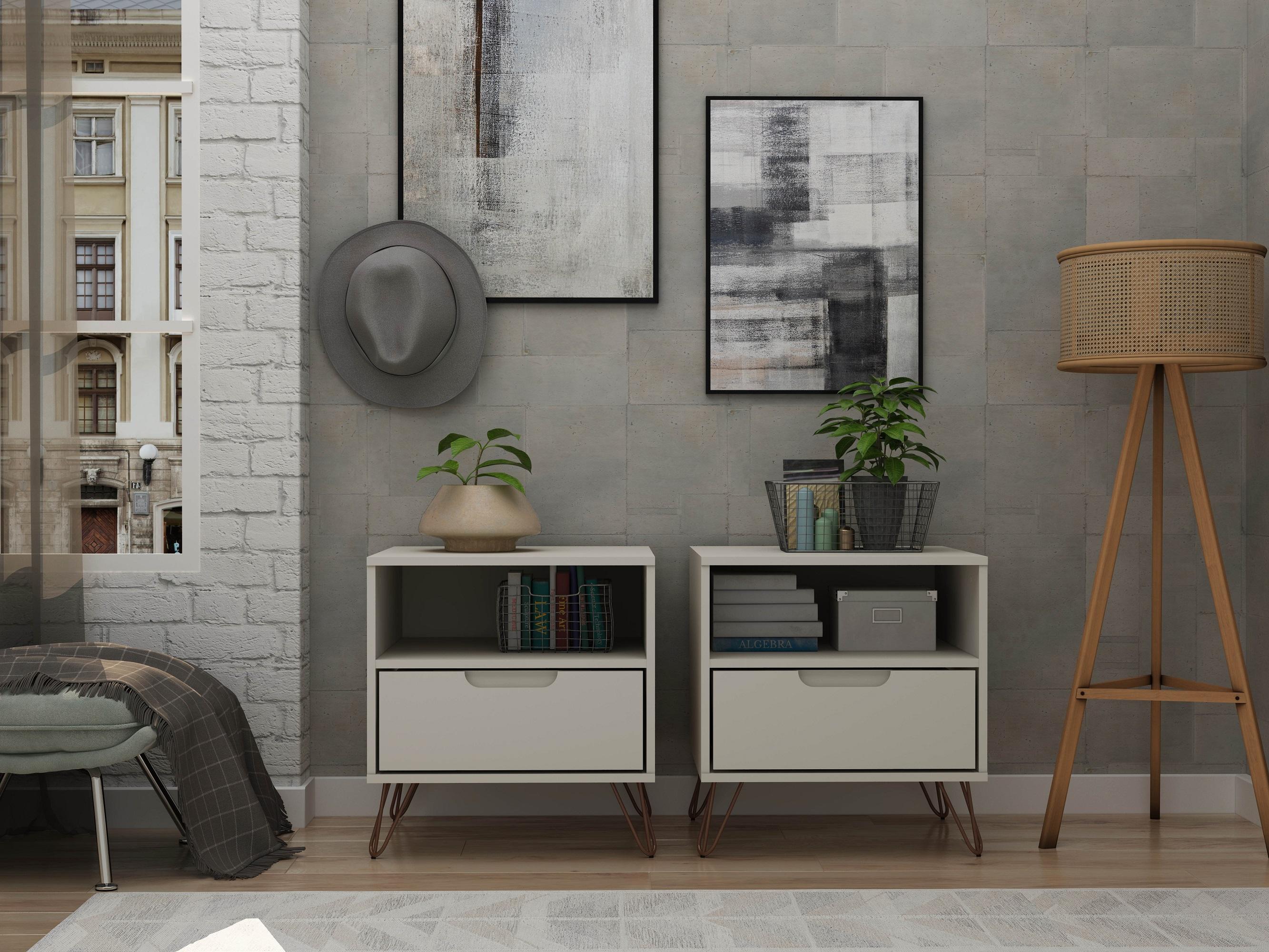 Set of 2 Rockefeller 1 Drawer Nightstands Off White - Manhattan Comfort: Mid-century Design, Metal Legs, Concealed Storage