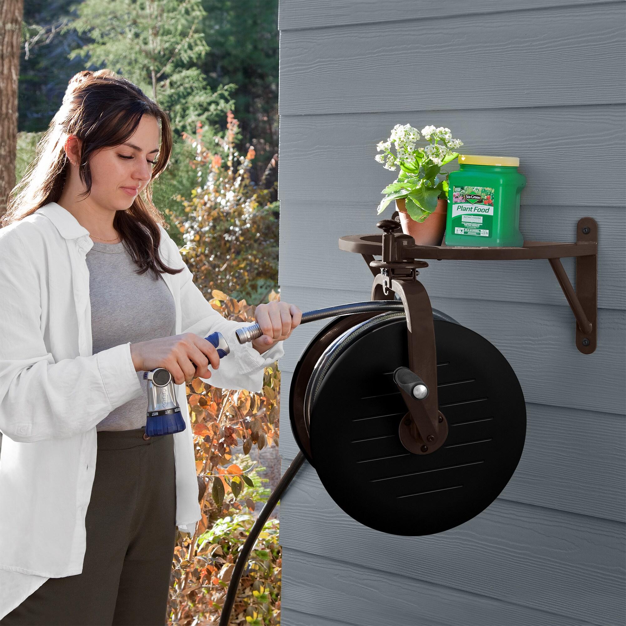 Bronze and Black Steel Wall-Mount Rotating Hose Reel