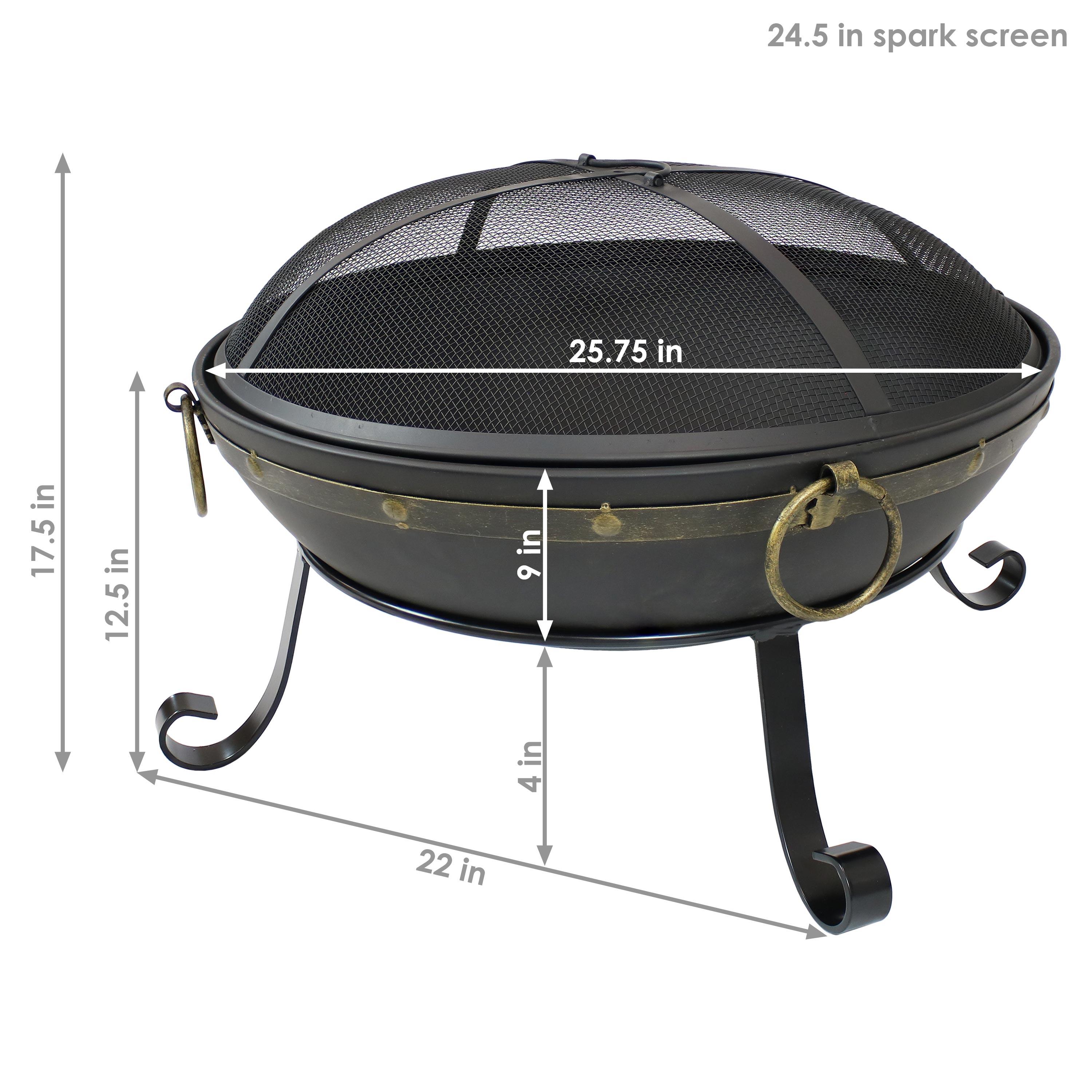 Victorian 25" Round Wood-Burning Black Finish Steel Fire Bowl with Spark Screen