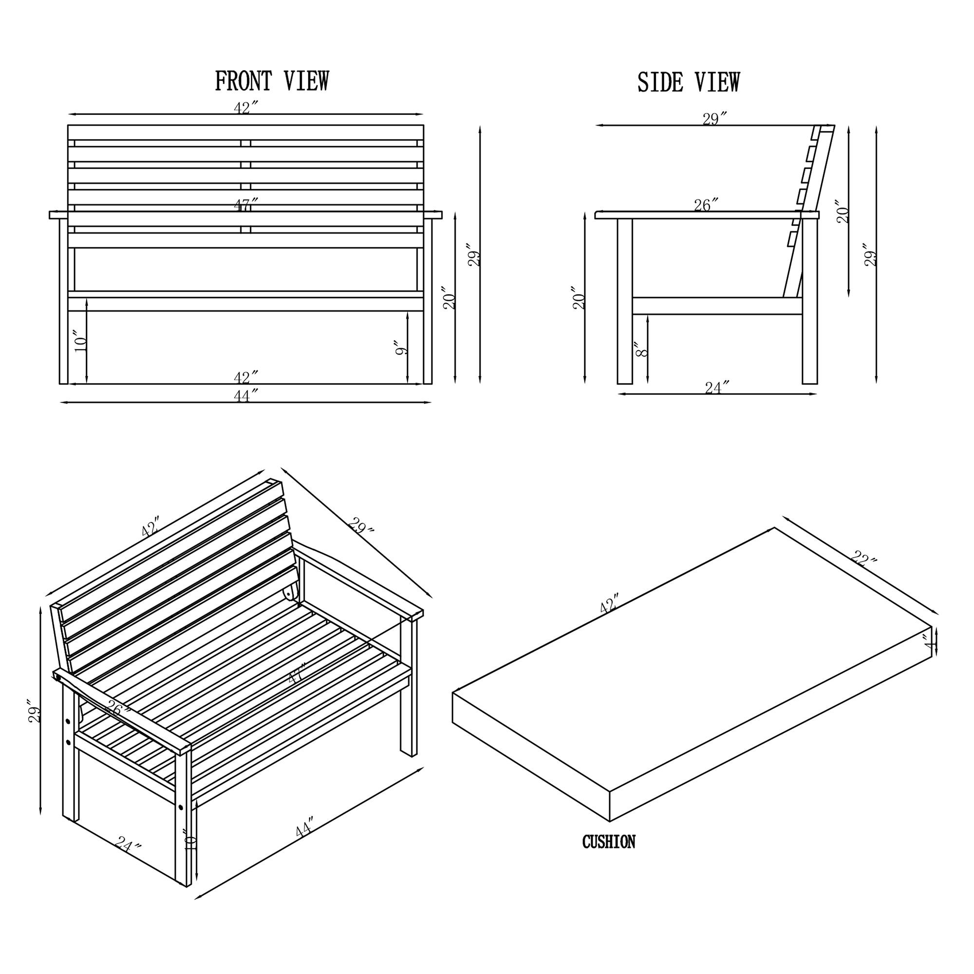 Outdoor Acacia Wood Bench With Cushion And 15" H Cocktail Table, Set Of 2