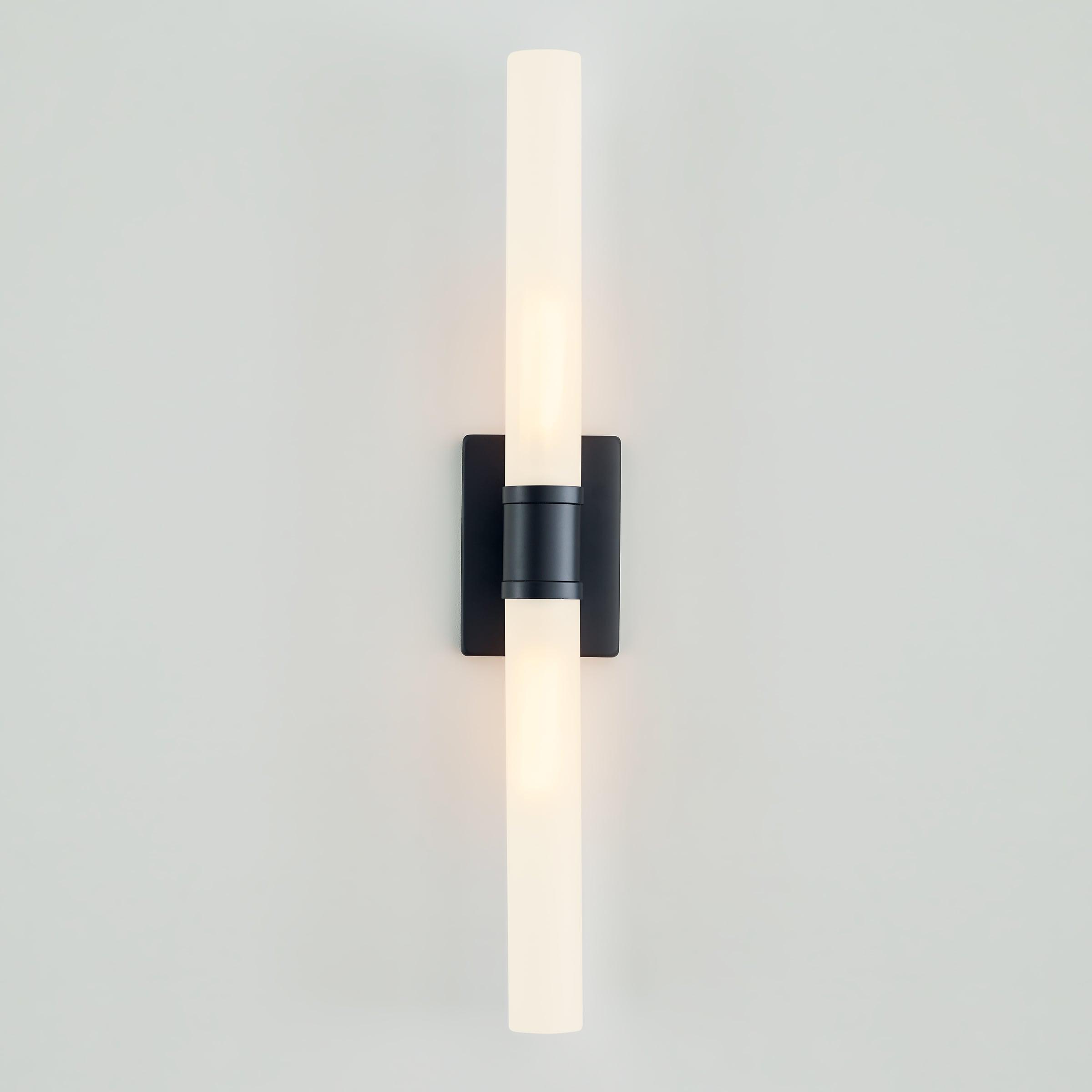 Midnight Black Two-Light Cylinder Wall Sconce with Satin Etched Glass