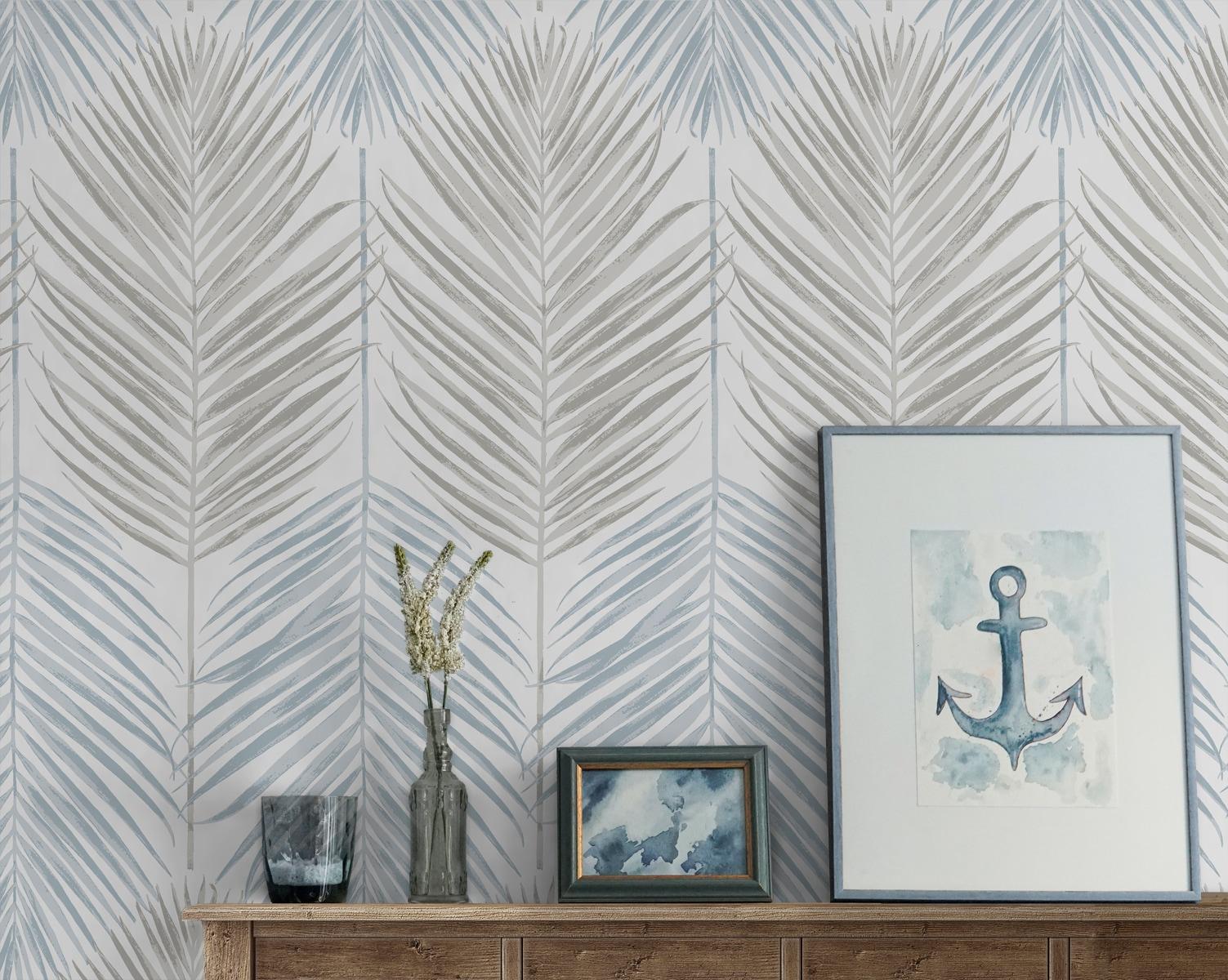 NextWall  Two Toned Palm Peel and Stick Wallpaper 20.5 in. W x 18 ft. L - Blue Mist & Daydream Grey