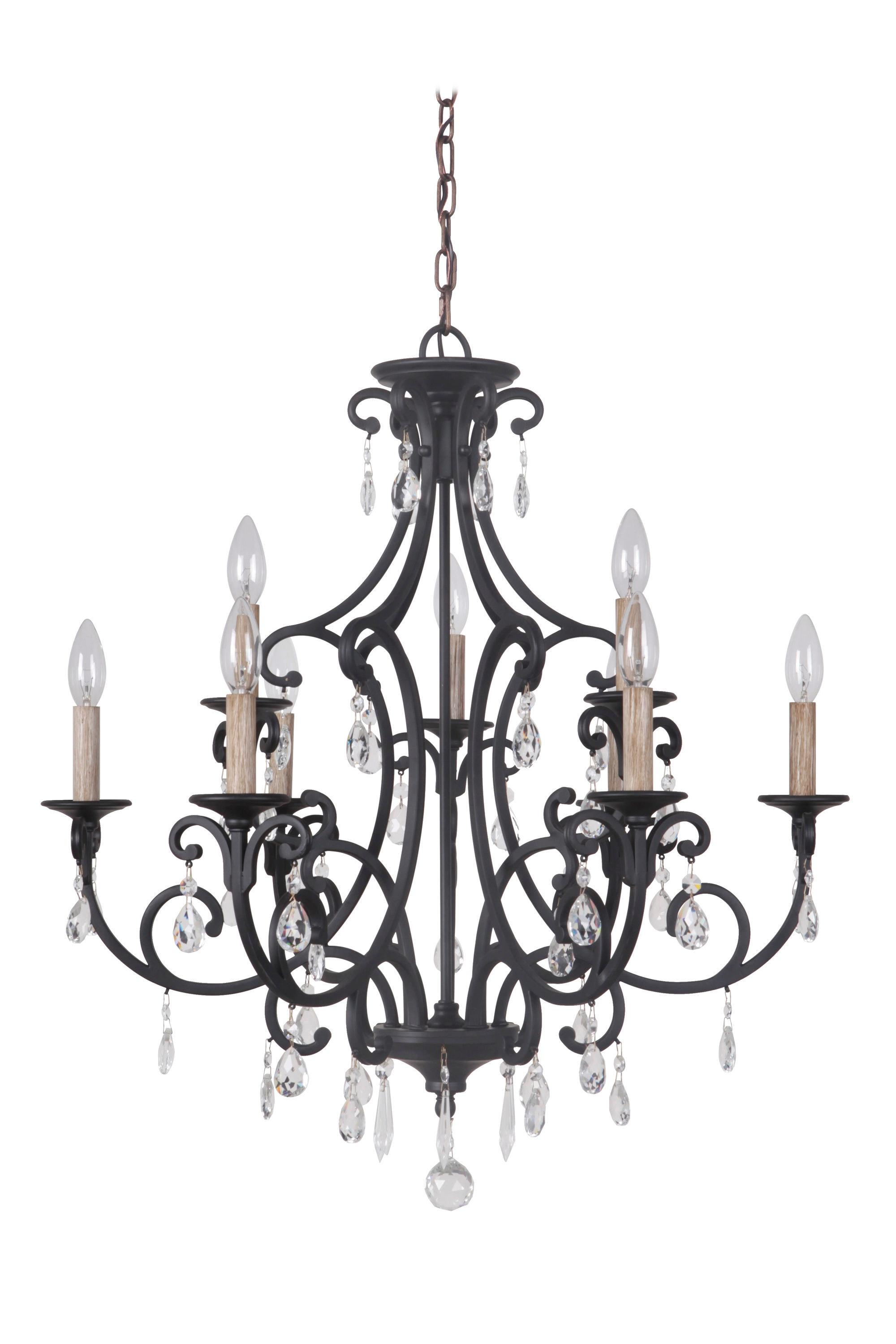 Matte Black 9-Light Wrought Iron Chandelier with Crystal Accents