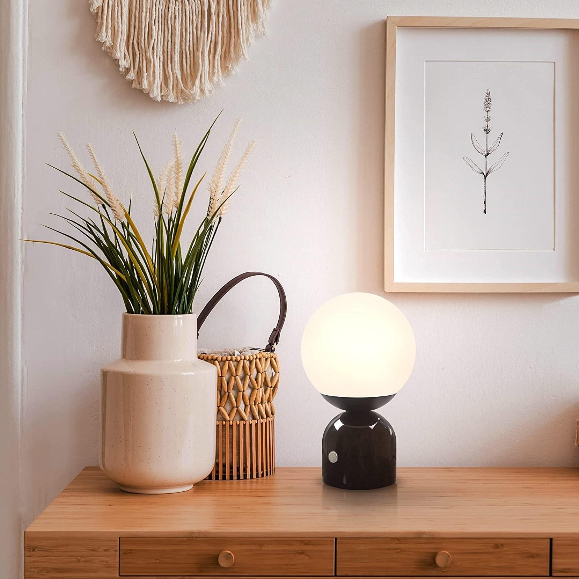 Brightech Mila 10" Modern LED Table Lamp with Black Marble Base and Frosted Globe Shade, 3-Way Dimming