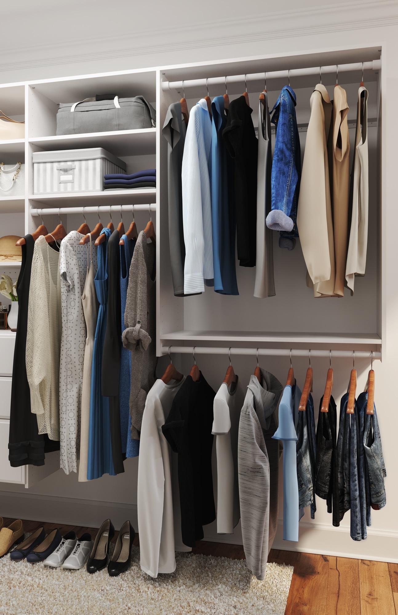 White Composite Wood Hanging Closet Organizer with Shelves and Rods