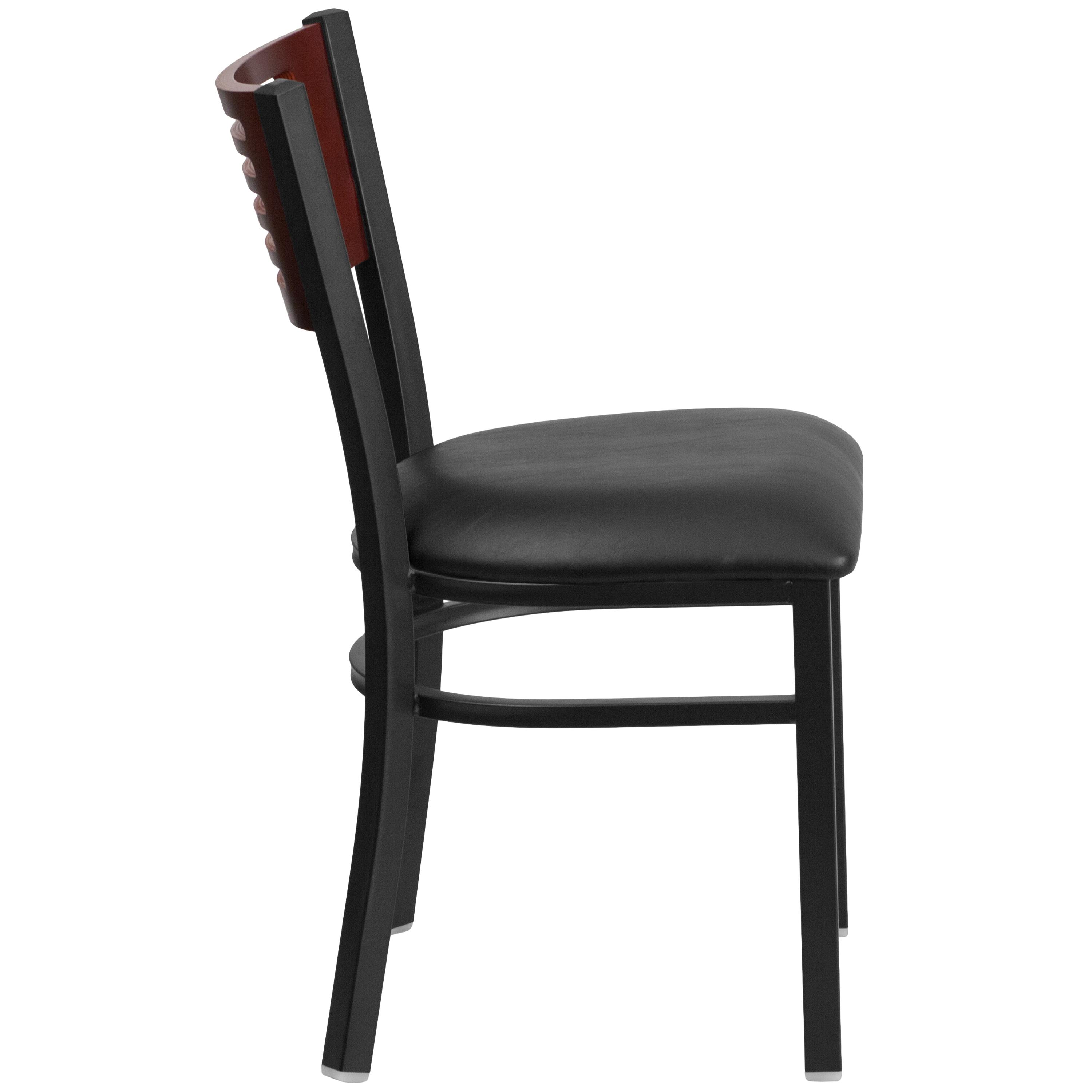 Mahogany Slat-Back Chair with Black Vinyl Seat and Metal Frame