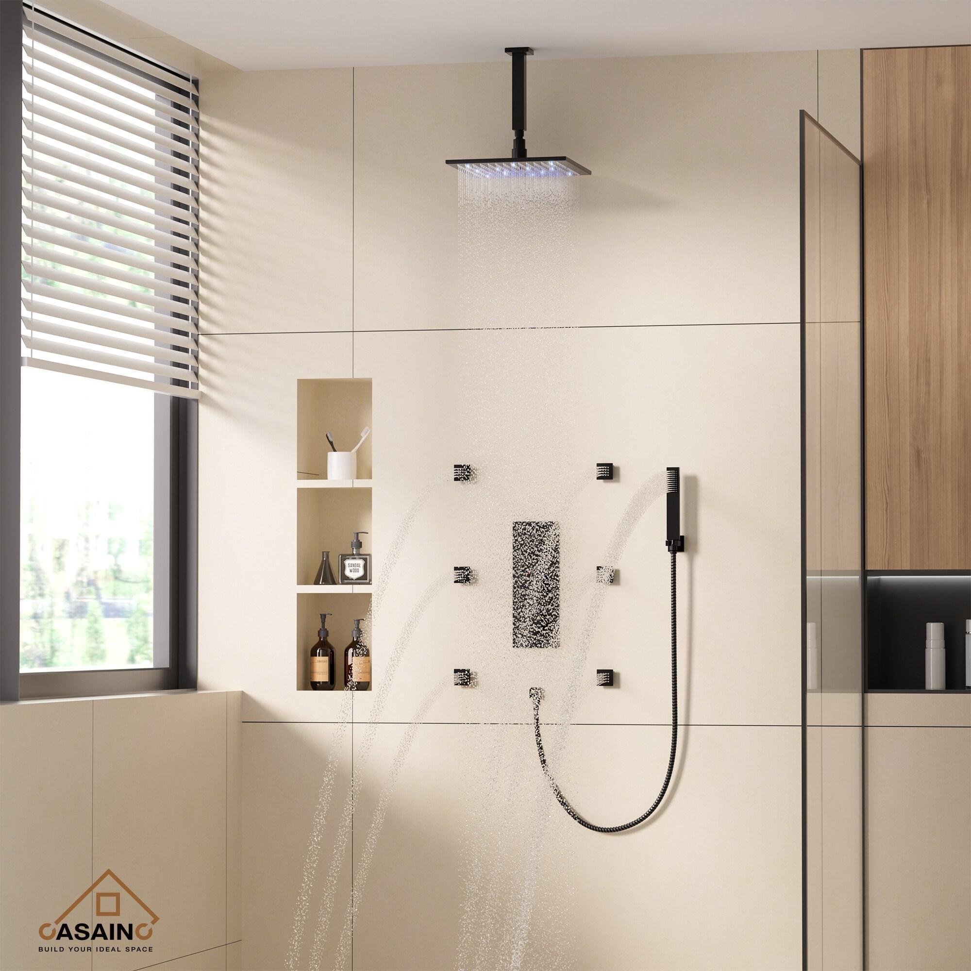 3-Function Luxury Ceiling Mount 12 Inch LED Thermostatic Shower System with 6 Body Jets