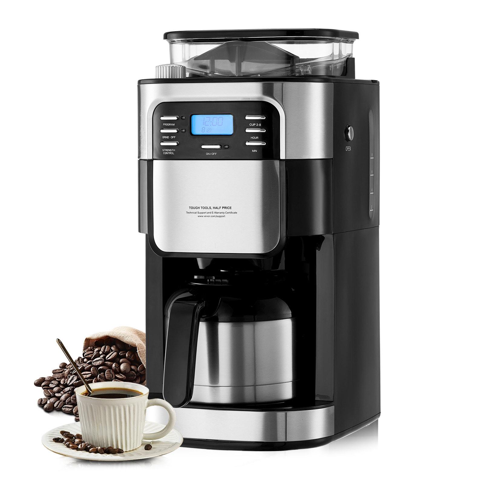Grind and Brew Coffee Maker Machine, 8 Cup Capacity with 3 Brew Strength Options, Built in Timer for Auto Morning Brew, Ideal for Office Home Cafe, Black