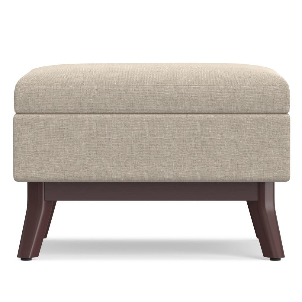 Simpli Home Owen 34"W Upholstered Coffee Table Storage Ottoman with Lift Top and Solid Wood Legs
