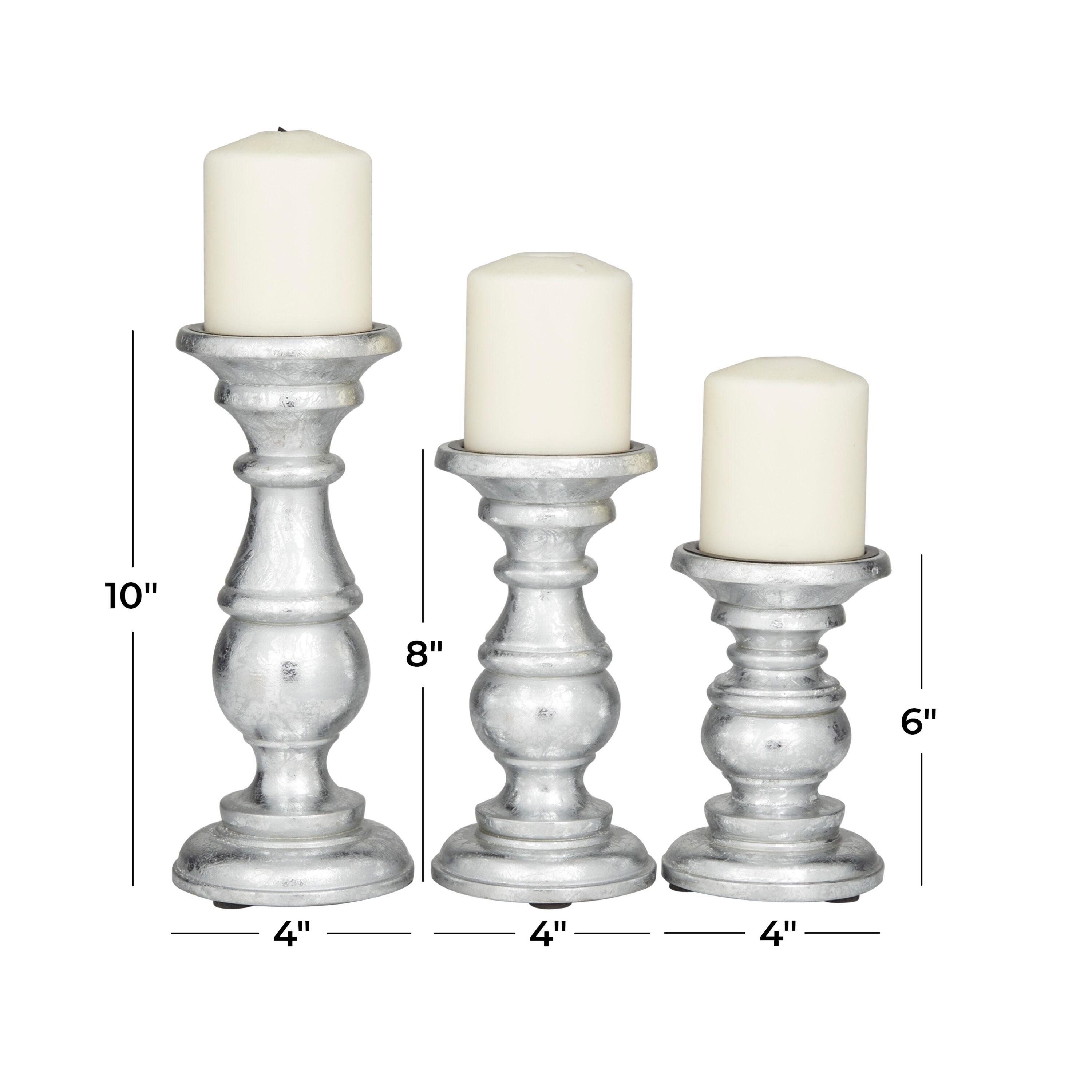 AULIYA Wooden Candle Holders Pillar Candles Holder Rustic Wood Stand Decorative Polish Candlestick Set of 3 for Home Decor - 6" 8" 10" Silver