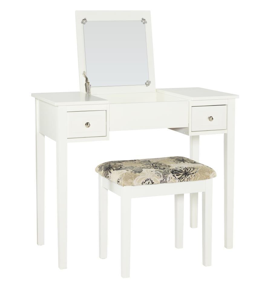 Traditional Wood Flip Up Mirror Drop Drawer Butterfly Vanity and Stool White - Linon: Rubberwood, MDF Composite, Painted Finish