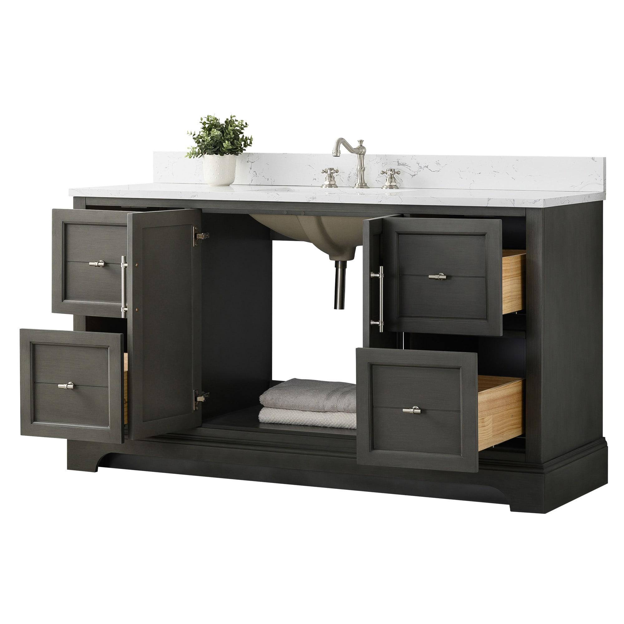 Vanity Art 60 x 22 x 34 in. Double Sink Bathroom Vanity with Quartz Top & Backsplash, Silver Grey