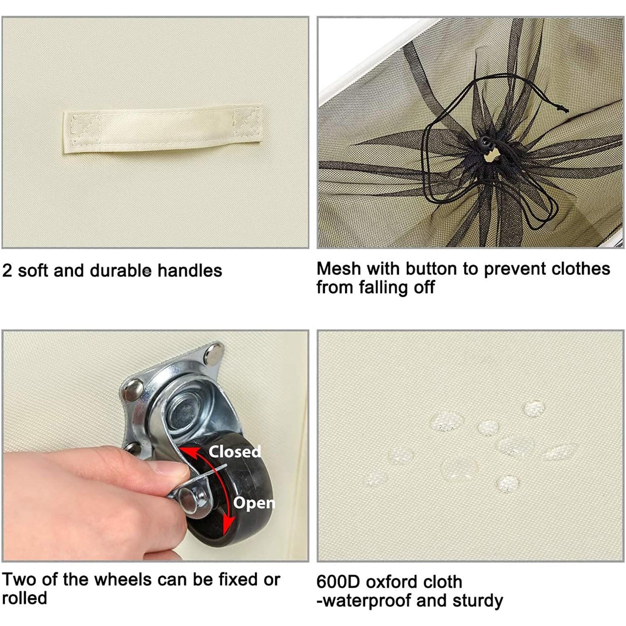 WOWLIVE 90L Foldable Rectangular Deluxe Laundry Service Rolling Clothing Hamper Basket with Lockable Wheels for Laundry or Storage, Beige