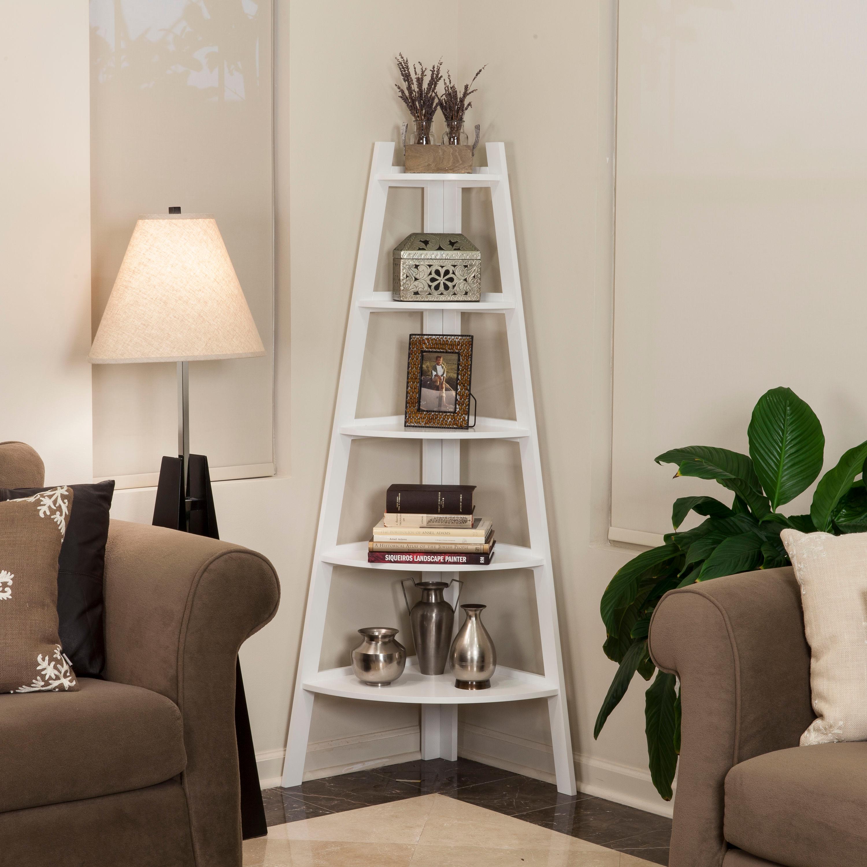 63" x 26.5" Five-Tier Pyramid Corner Ladder Shelf White - Danya B.: Modern Display, MDF Wood, Open Shelves