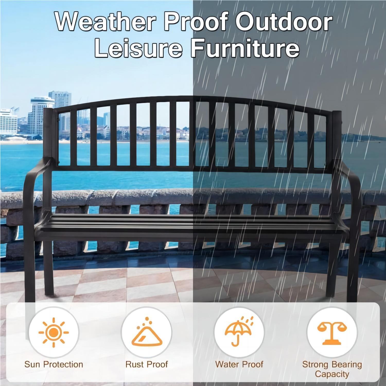 Steel Garden Park Bench Cast Iron Frame Patio Lawn Yard Decor, Black Seating Bench for Yard, Patio, Garden, Balcony, and Deck