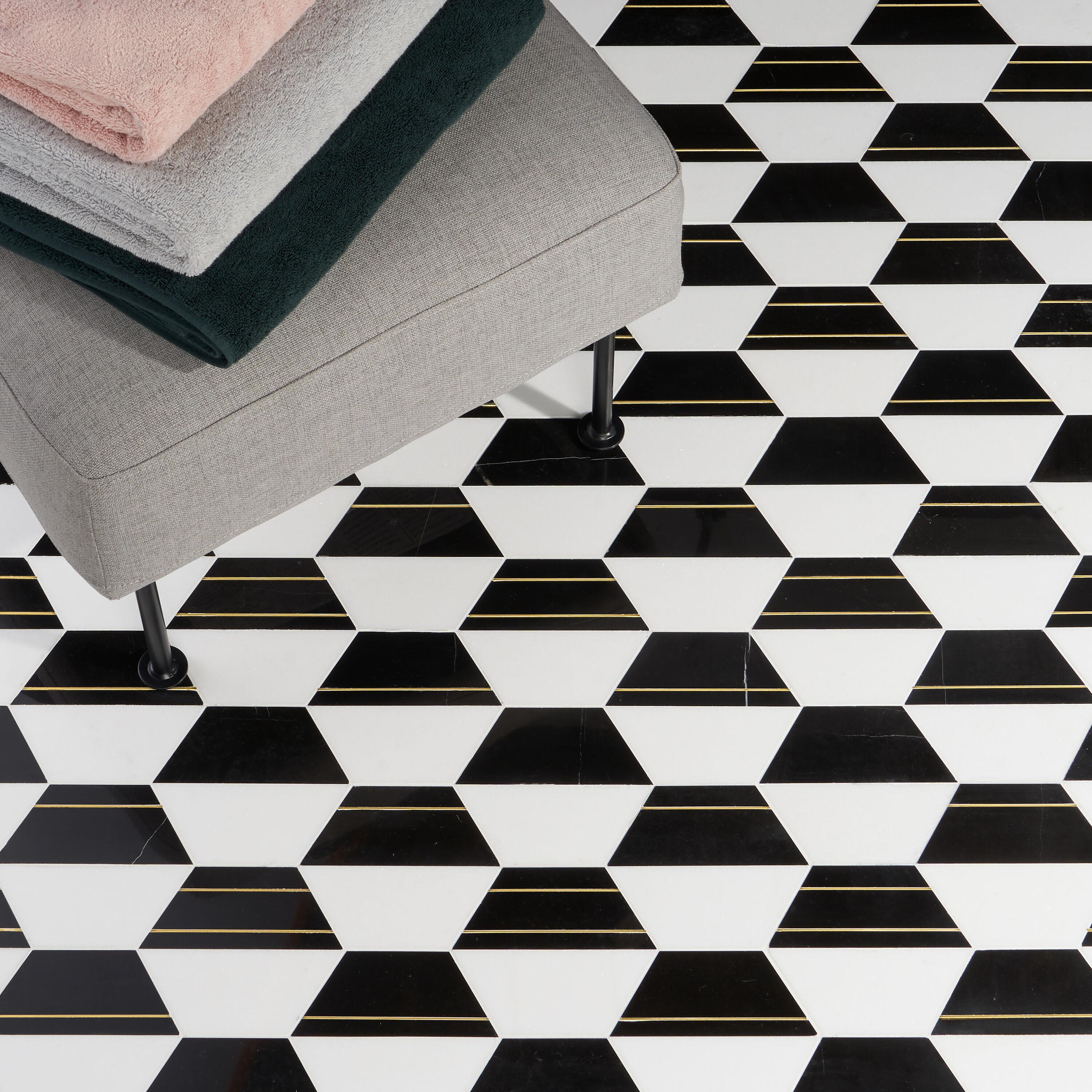 Meld 10.43" x 12.04" Marble and Brass Mosaic Hexagon Tile (0.87 Sq. Ft. / Sheet)