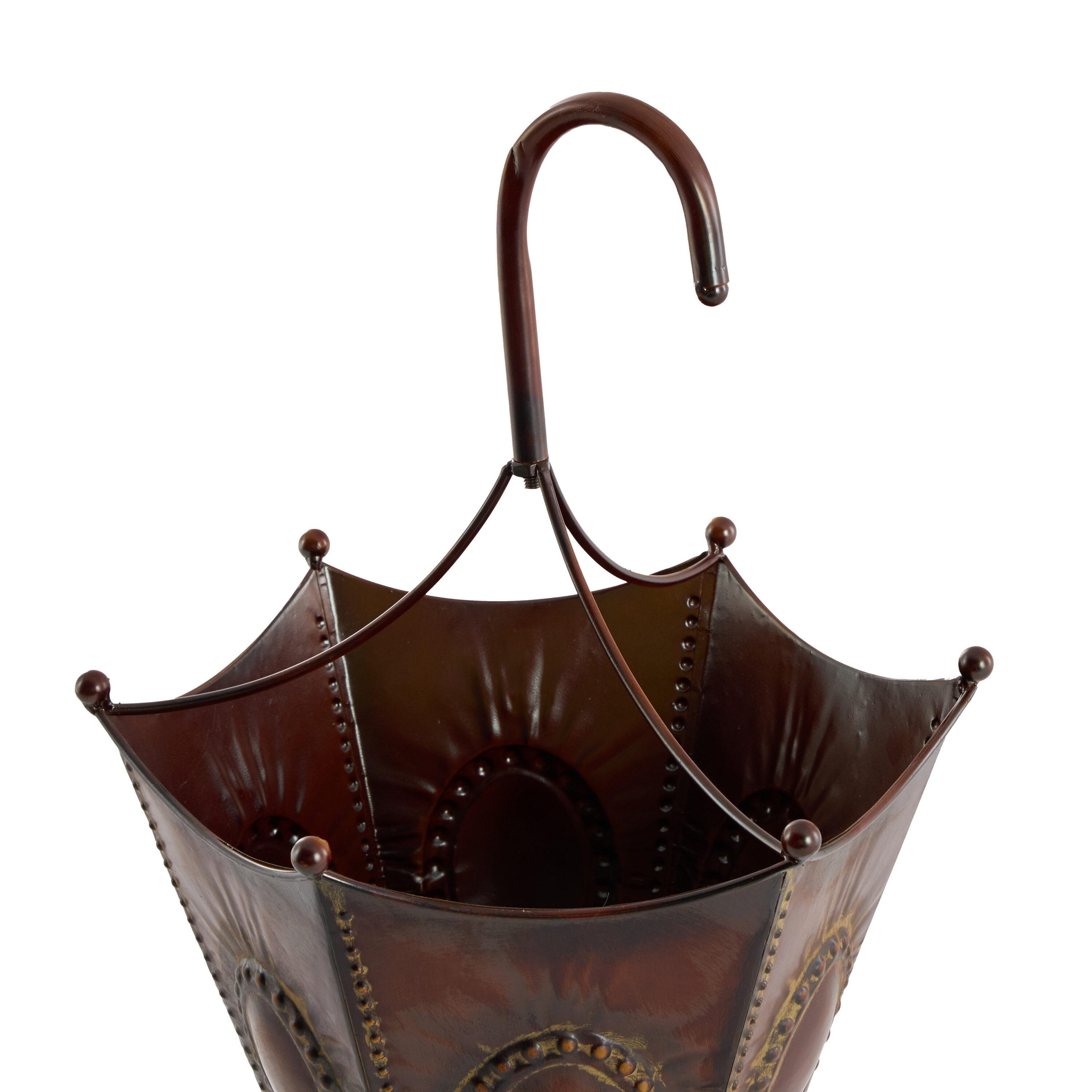 DecMode Brown Metal Umbrella Stand with Embossed Emblems