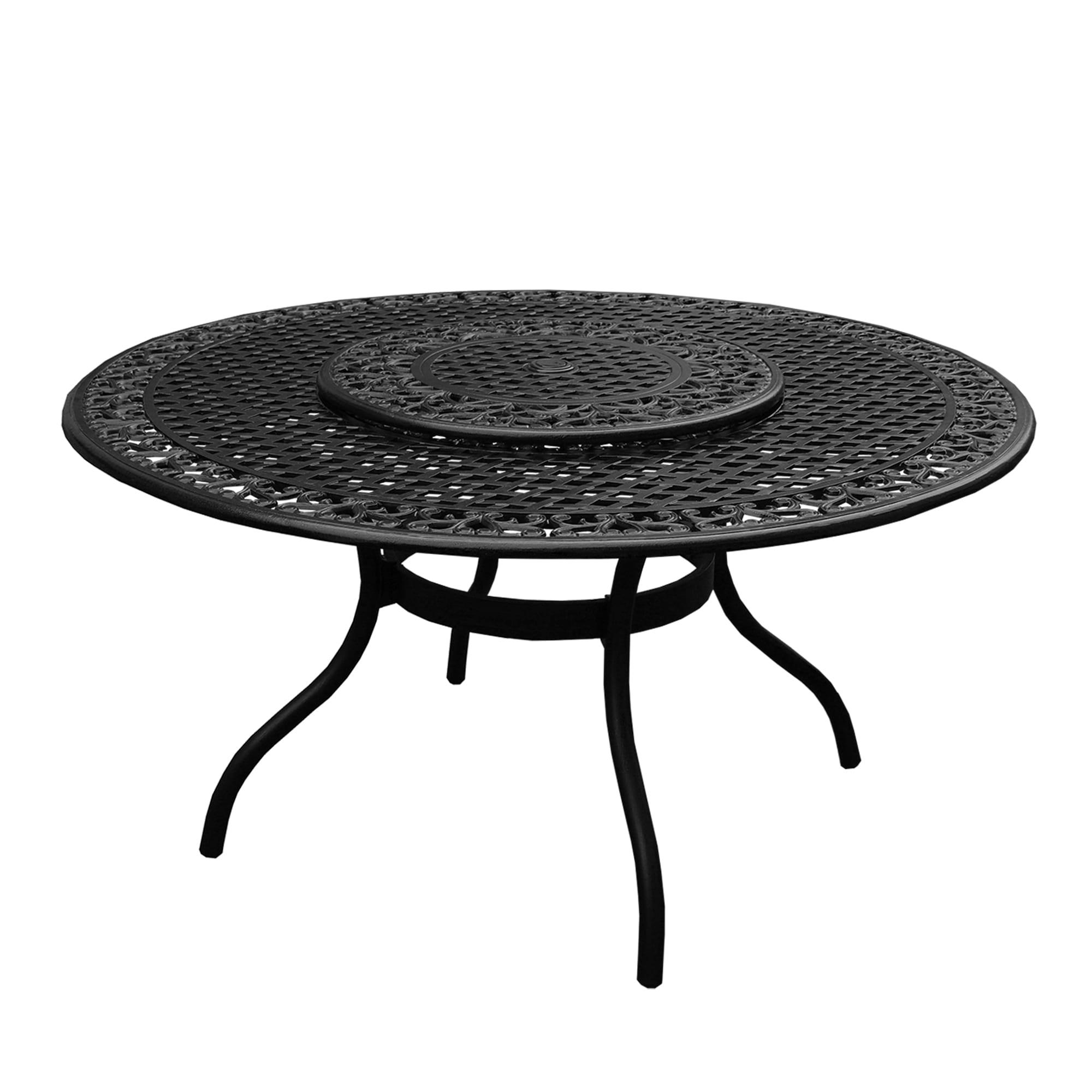 Black Aluminum 59-Inch Round Patio Dining Table with Lazy Susan