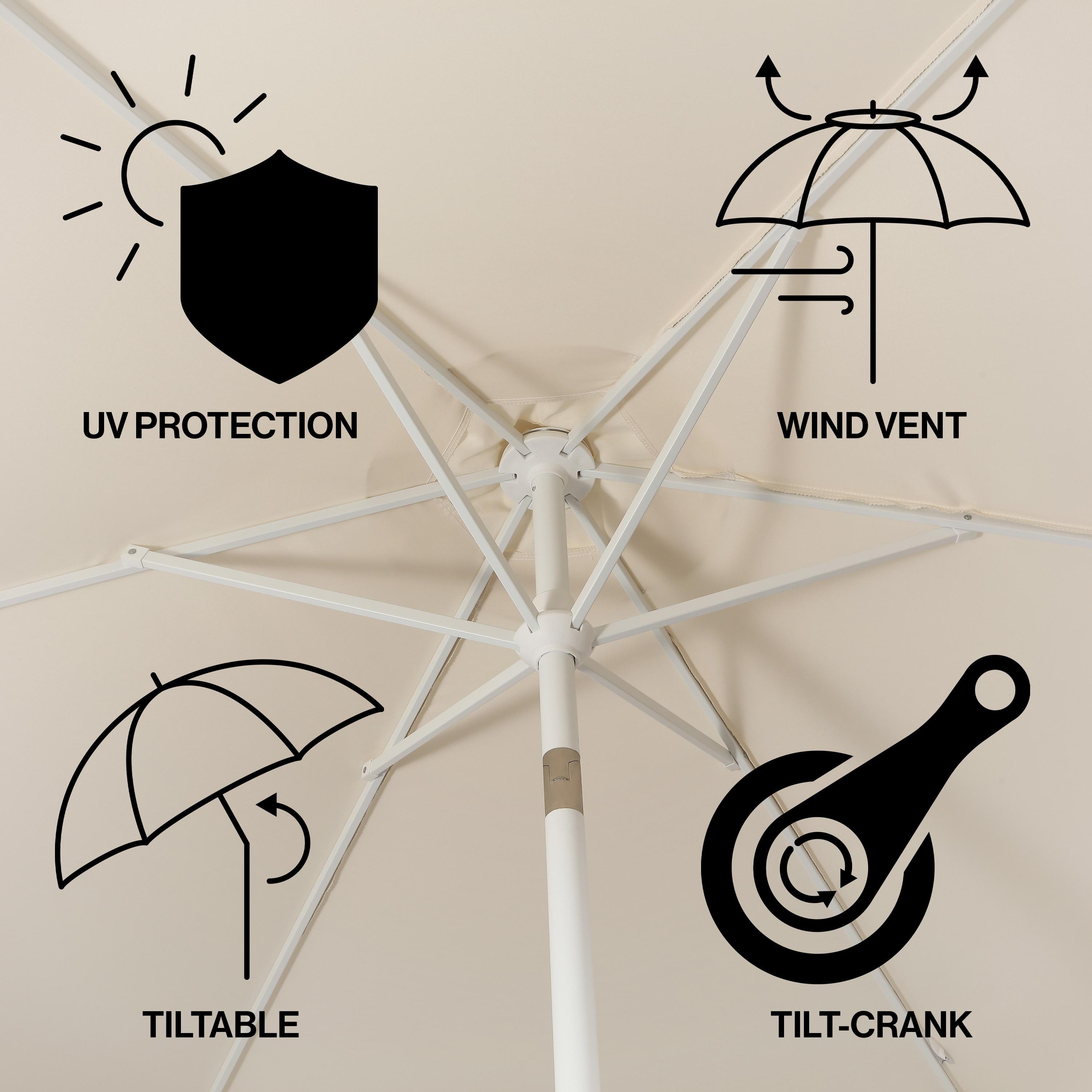JONATHAN Y Collins 9 ft. Classic Cottage Tassel Market Patio Umbrella with Auto-Tilt, Crank, Wind Vent and UV Protection in Cream