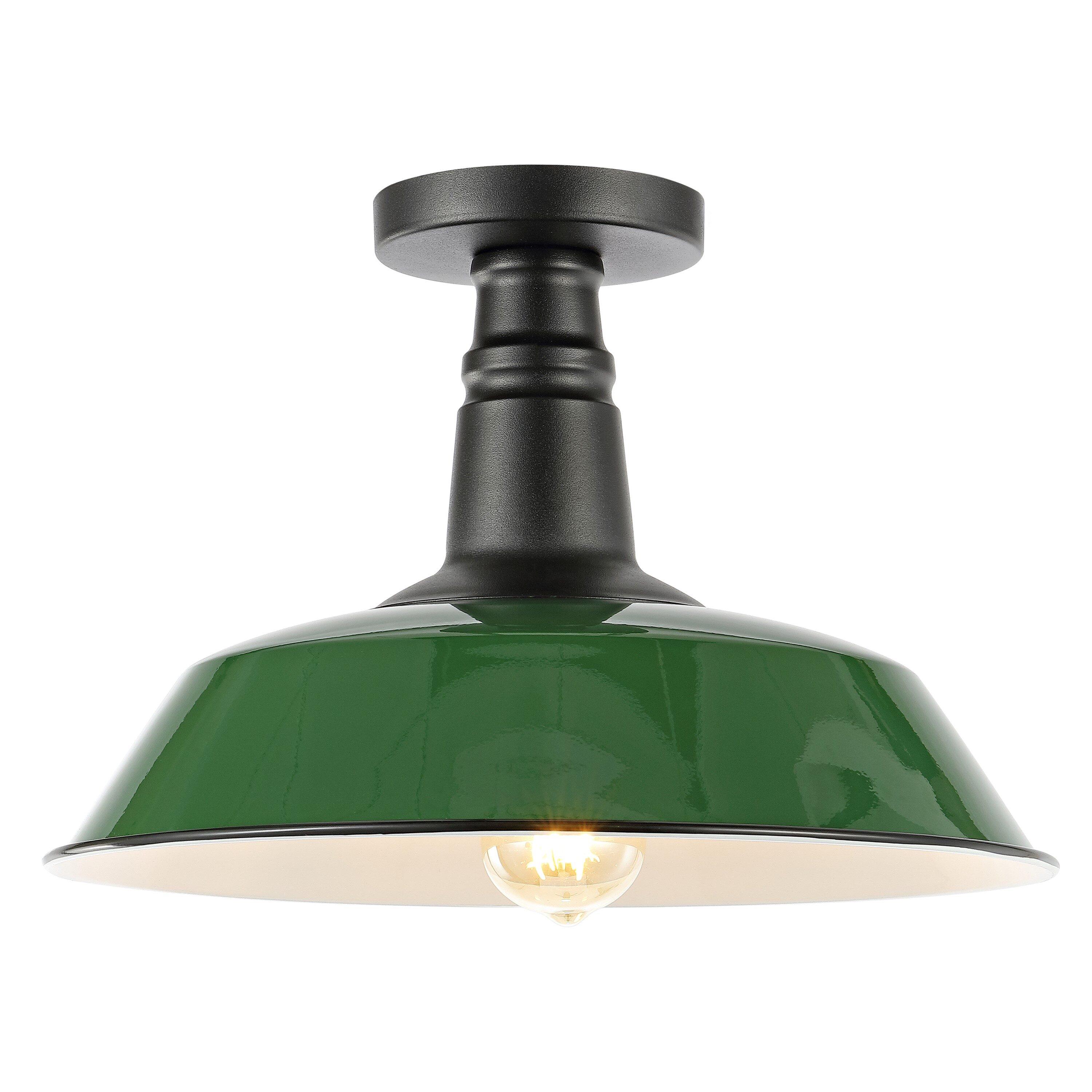 JONATHAN Y Camila 14" 1-Light Classic Industrial Indoor/Outdoor Iron LED Semi Flush Mount, Green/White, JYL7617F