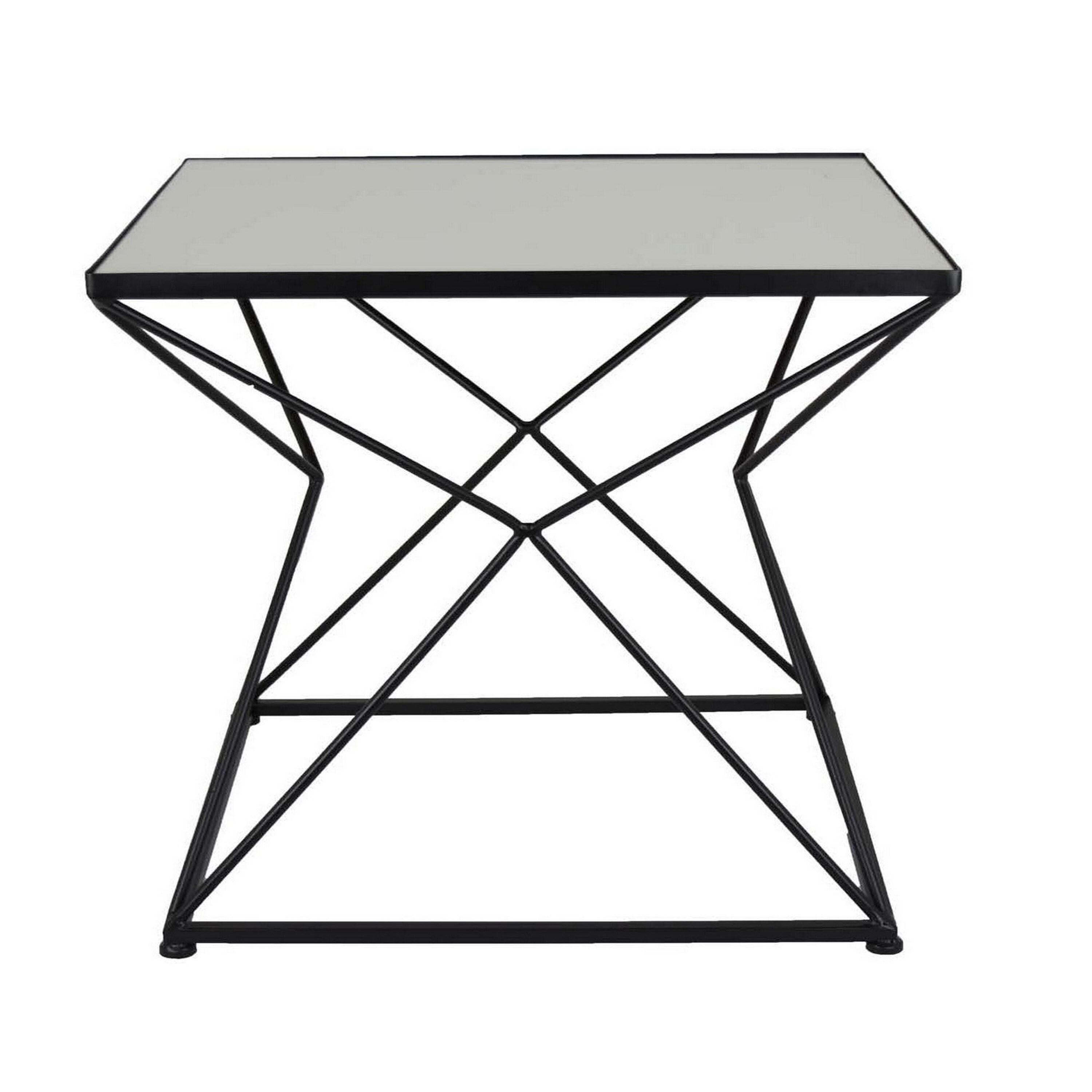 BenJara 21 Inch Plant Stand Side Table, Mirror Top, Black Geometric Metal Frame