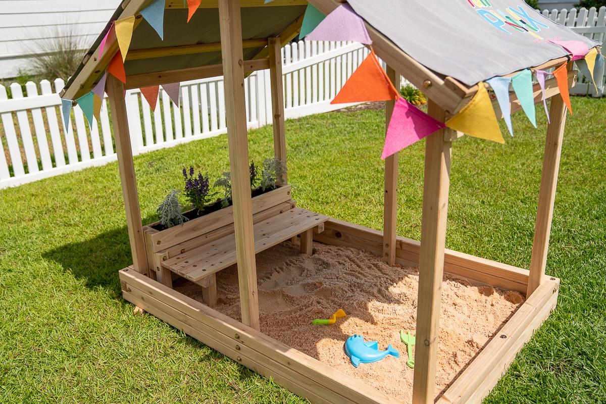 Dig n Play Wooden Sandbox Playhouse with Bench & Flower Planter, Outdoor Sand Pit for Kids