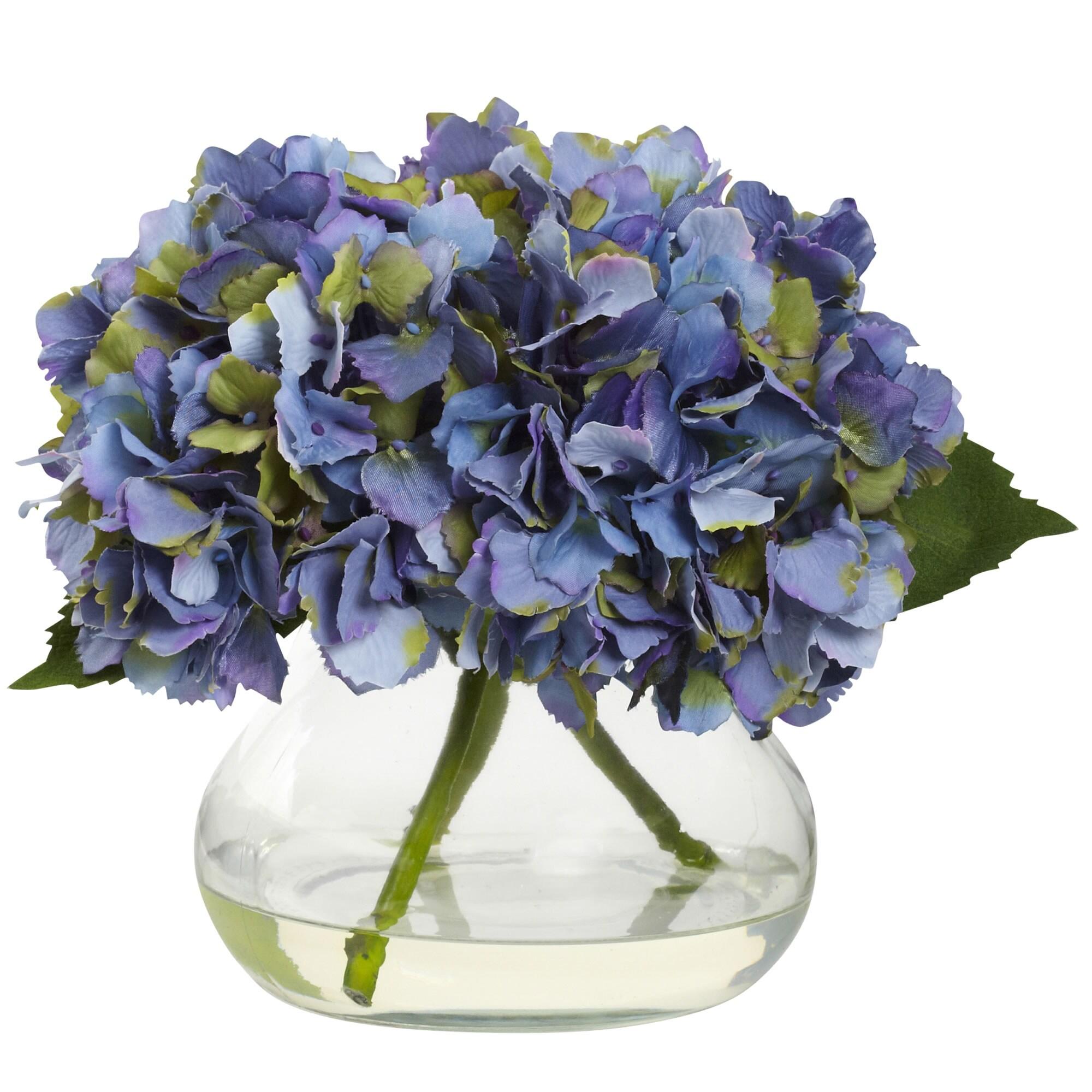 Nearly Natural Blooming Hydrangea with Decorative Vase/Faux Water in Blue/Clear